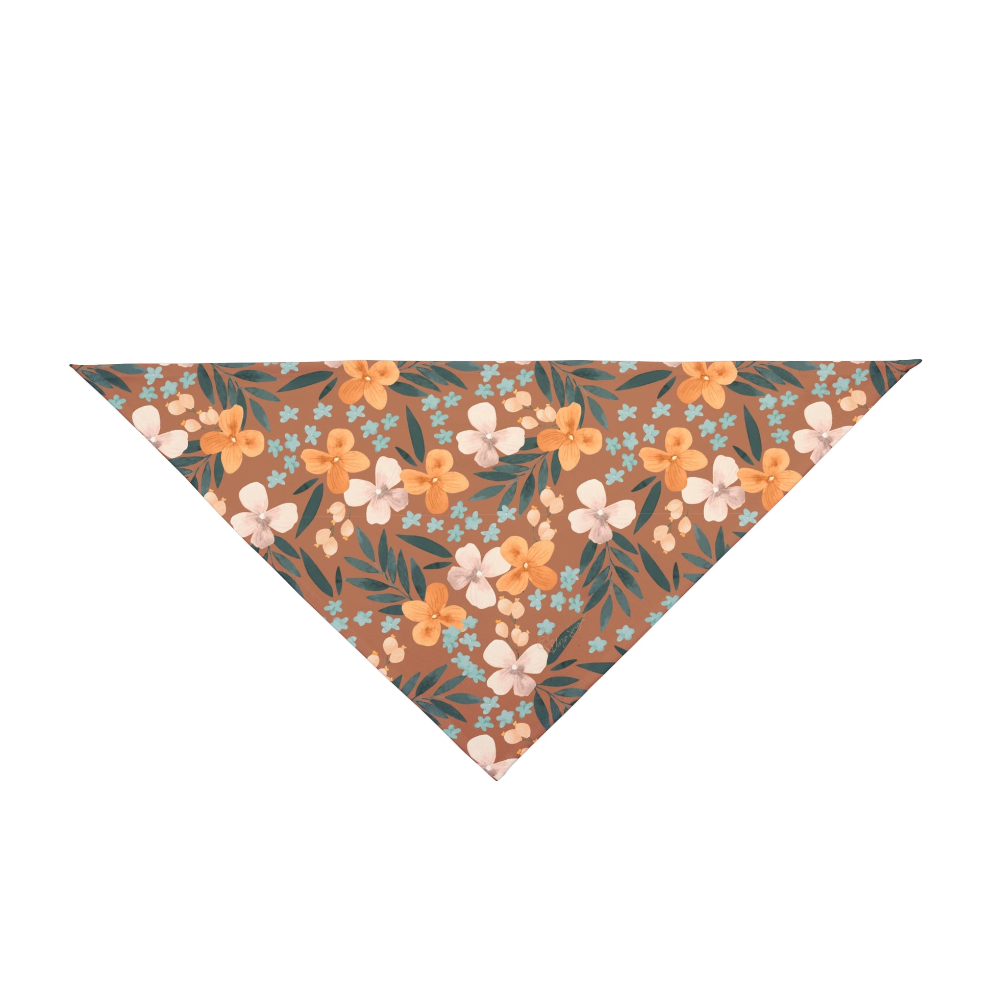 Embrace the beauty of fall with our Autumn Bloom Dog Bandana/Wild Rag. The brown background adorned with painted daisy-style flowers in orange, beige, blue, and green adds a touch of warmth to your pup's ensemble. Crafted from soft-spun polyester, this wild rag ensures comfort and style during every outdoor escapade. Available exclusively at Eliza Singer.