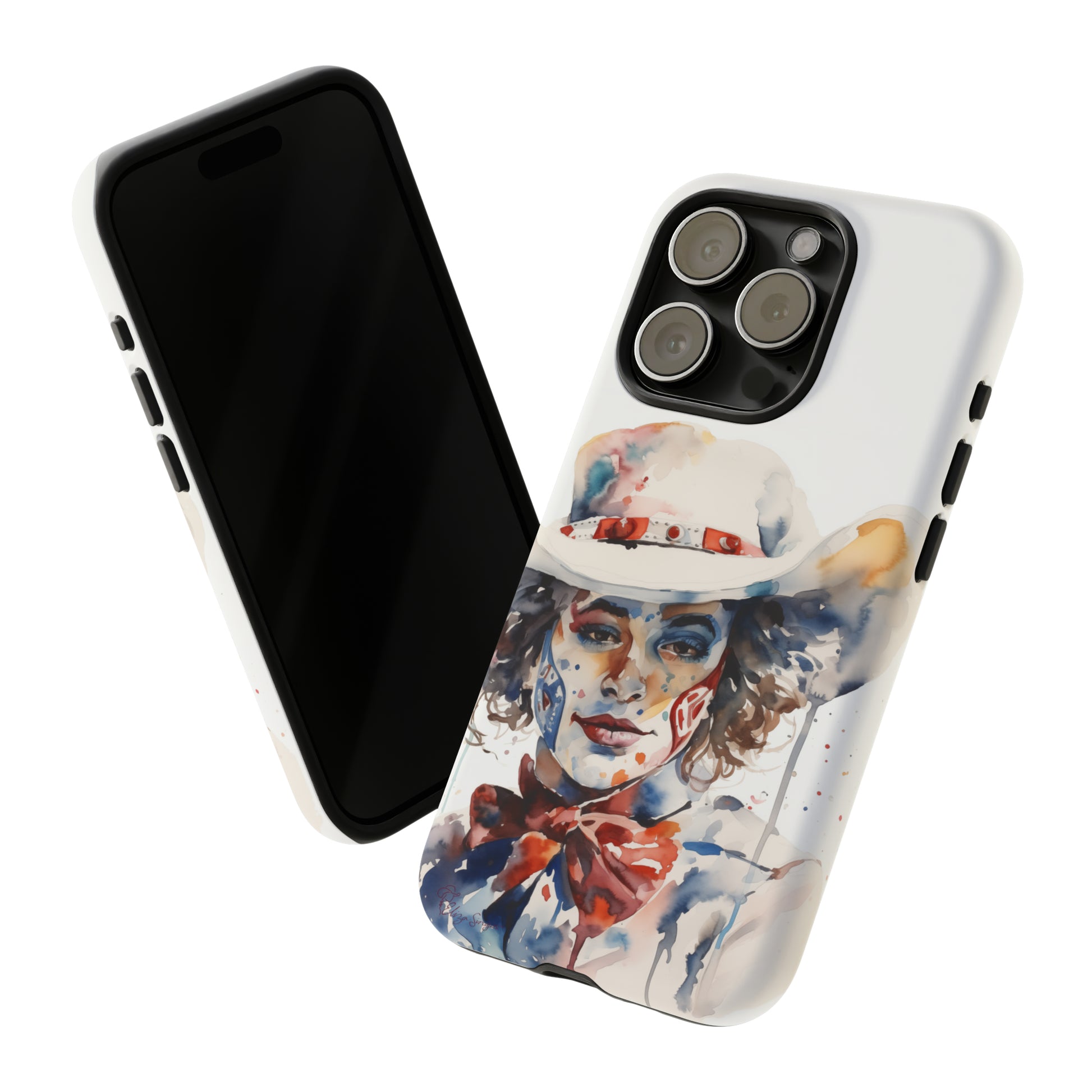 Presenting our Tough Western Cell Phone Case: Rodeo Clown Watercolor Gal Edition! This one-of-a-kind design showcases a vibrant watercolor portrayal of a woman as a rodeo clown on a white background. Enjoy the fusion of artistry and robust phone protection.