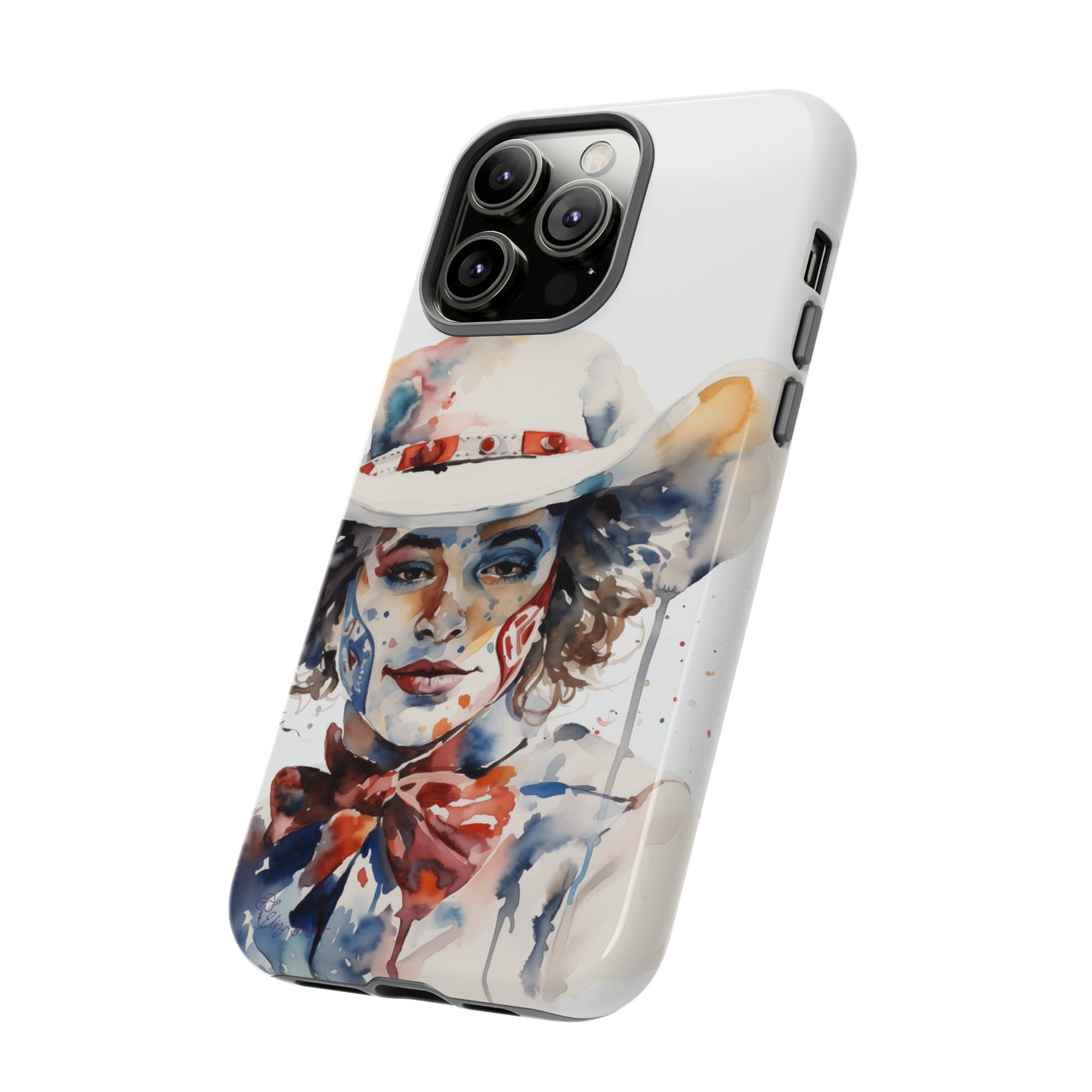 Presenting our Tough Western Cell Phone Case: Rodeo Clown Watercolor Gal Edition! This one-of-a-kind design showcases a vibrant watercolor portrayal of a woman as a rodeo clown on a white background. Enjoy the fusion of artistry and robust phone protection.