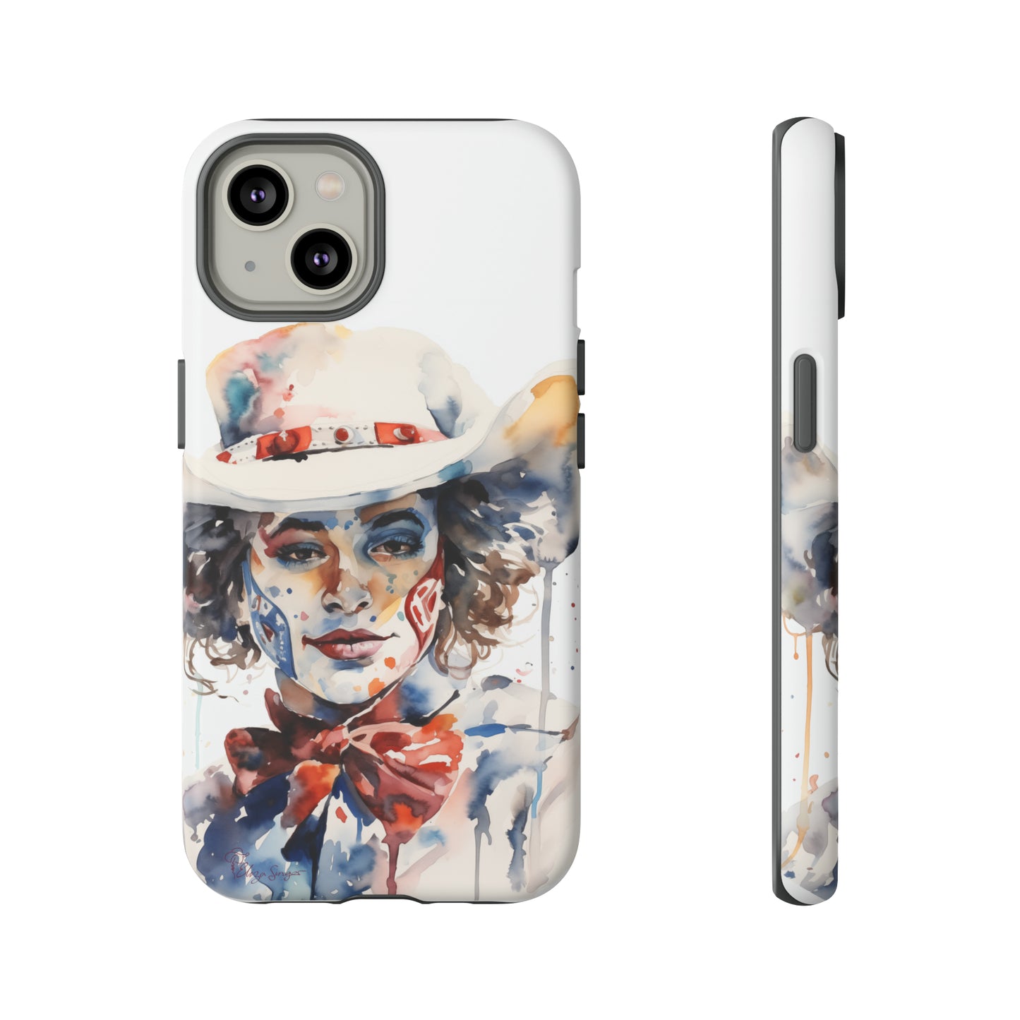 Presenting our Tough Western Cell Phone Case: Rodeo Clown Watercolor Gal Edition! This one-of-a-kind design showcases a vibrant watercolor portrayal of a woman as a rodeo clown on a white background. Enjoy the fusion of artistry and robust phone protection.