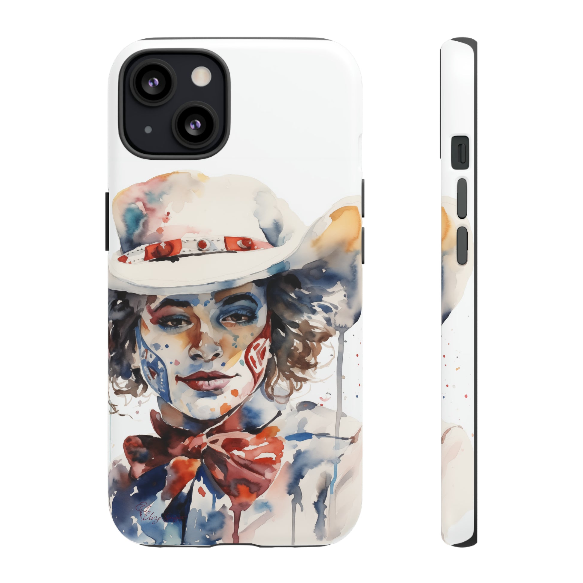 Presenting our Tough Western Cell Phone Case: Rodeo Clown Watercolor Gal Edition! This one-of-a-kind design showcases a vibrant watercolor portrayal of a woman as a rodeo clown on a white background. Enjoy the fusion of artistry and robust phone protection.