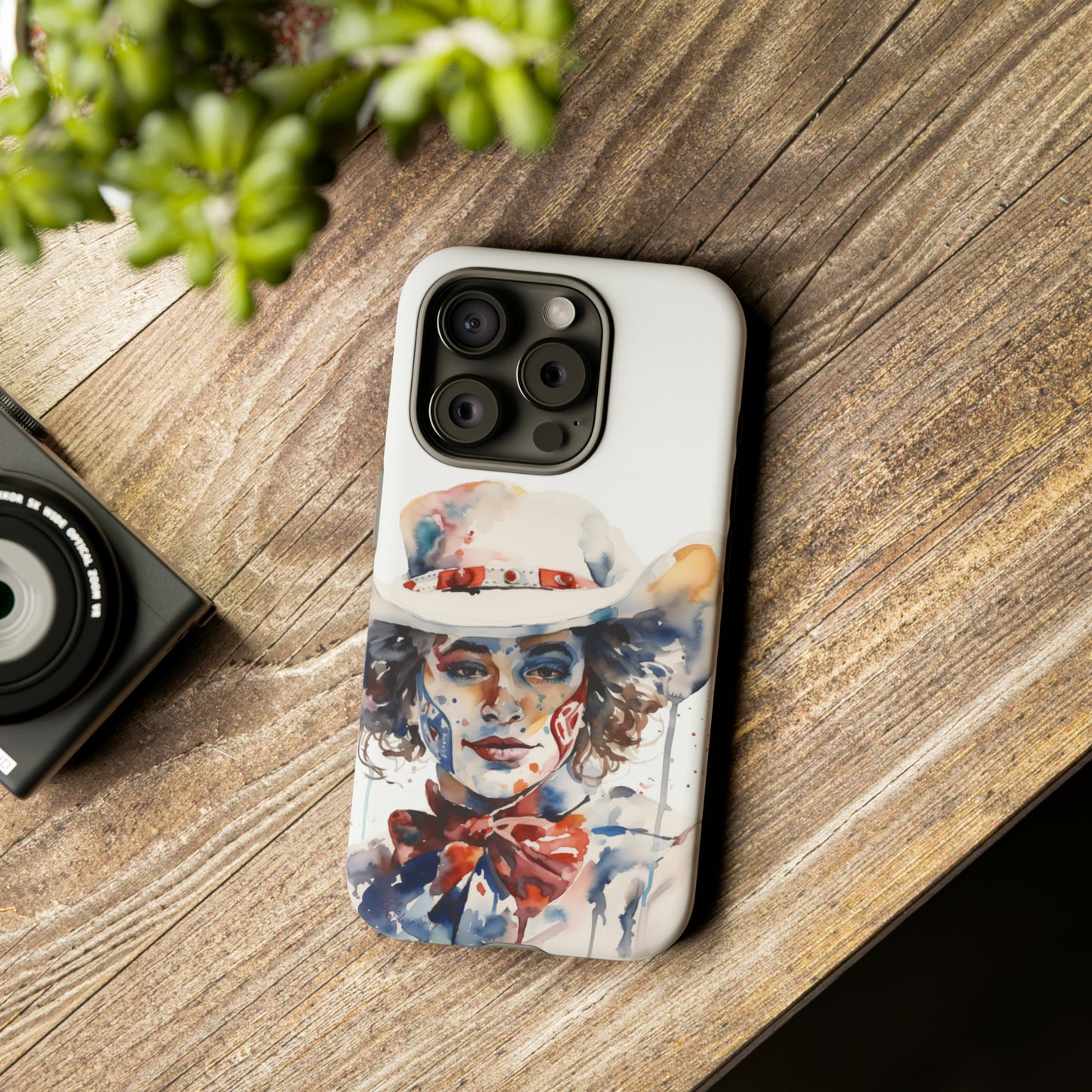 Presenting our Tough Western Cell Phone Case: Rodeo Clown Watercolor Gal Edition! This one-of-a-kind design showcases a vibrant watercolor portrayal of a woman as a rodeo clown on a white background. Enjoy the fusion of artistry and robust phone protection.