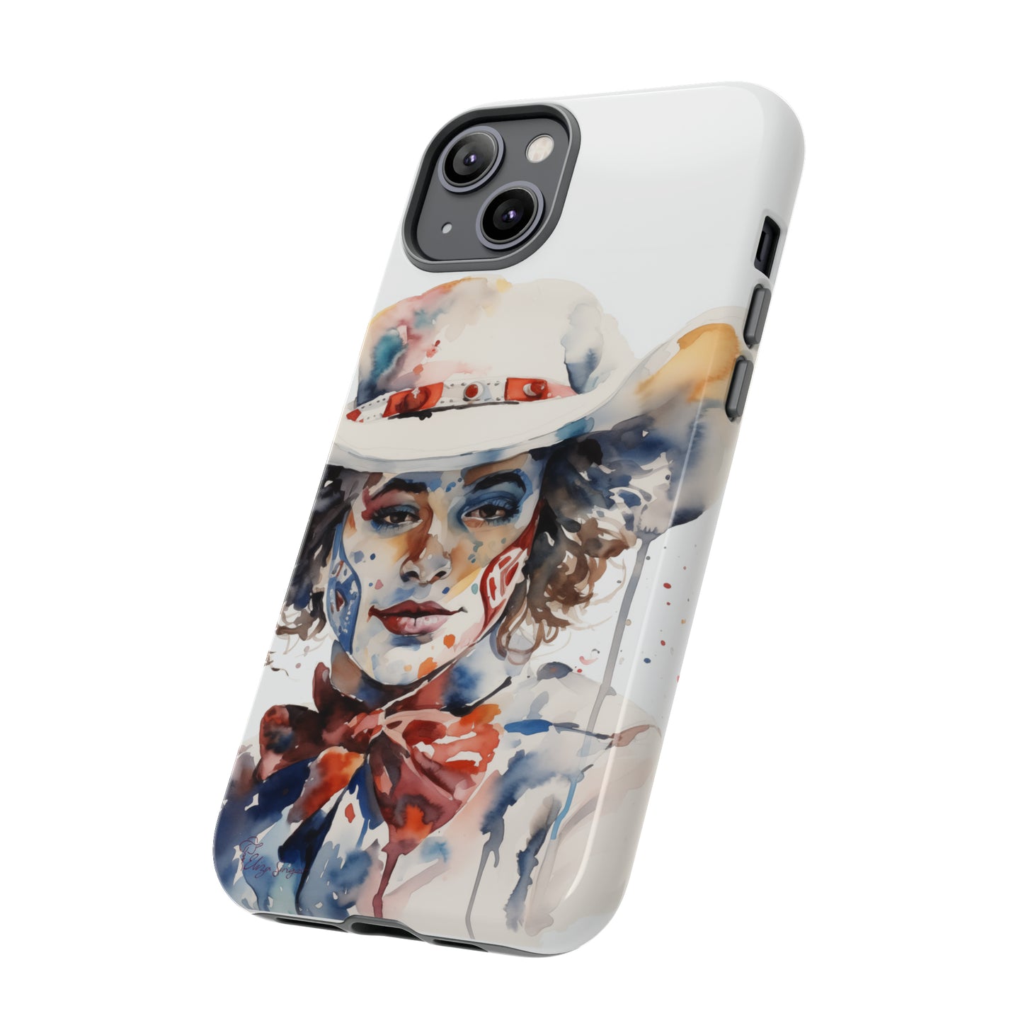 Presenting our Tough Western Cell Phone Case: Rodeo Clown Watercolor Gal Edition! This one-of-a-kind design showcases a vibrant watercolor portrayal of a woman as a rodeo clown on a white background. Enjoy the fusion of artistry and robust phone protection.