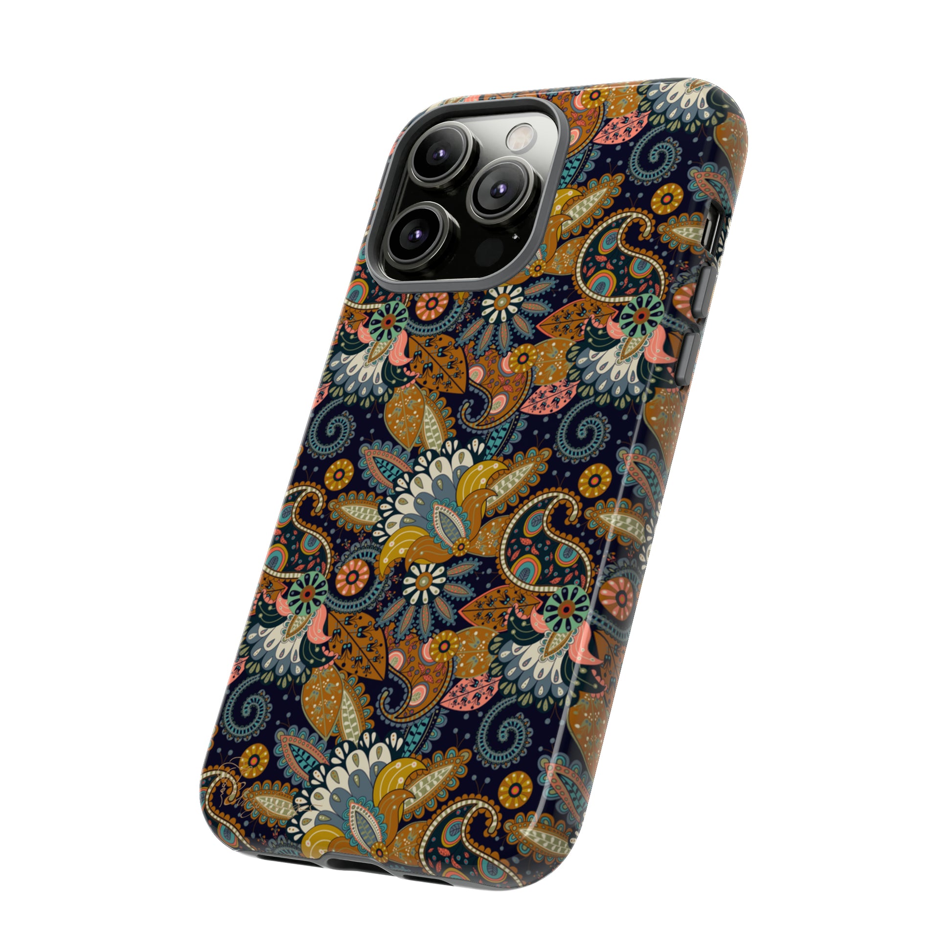 Paisley Bouquet iPhone Tough Protective Cover. A fusion of Flowers, Boho, and Paisley in a Western design. Compatible with iPhone 15, 14, 13, 12, 11, XS, XR Pro/Max/Mini/P/Plus. Embrace Bohemian Elegance with Style and Durability. #ElizaSinger #PhoneCase #BohoPaisley