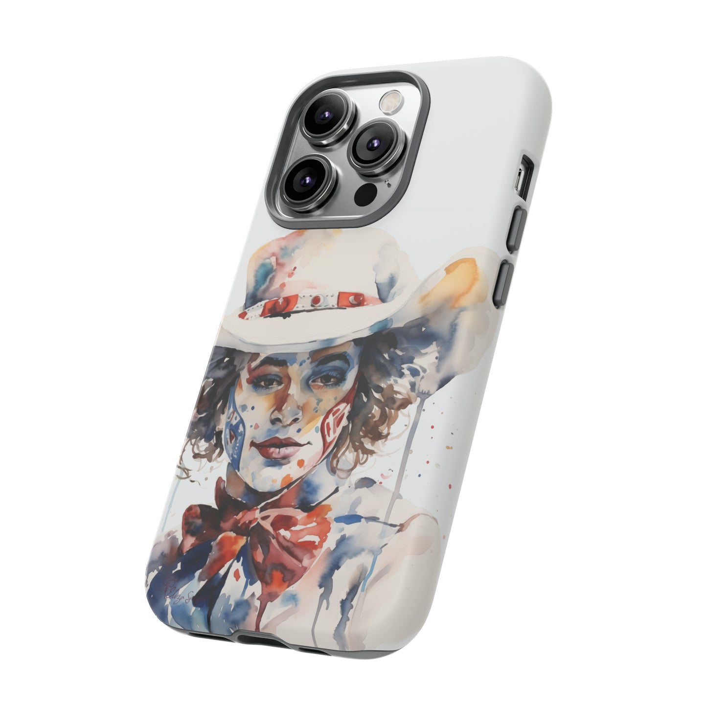 Presenting our Tough Western Cell Phone Case: Rodeo Clown Watercolor Gal Edition! This one-of-a-kind design showcases a vibrant watercolor portrayal of a woman as a rodeo clown on a white background. Enjoy the fusion of artistry and robust phone protection.