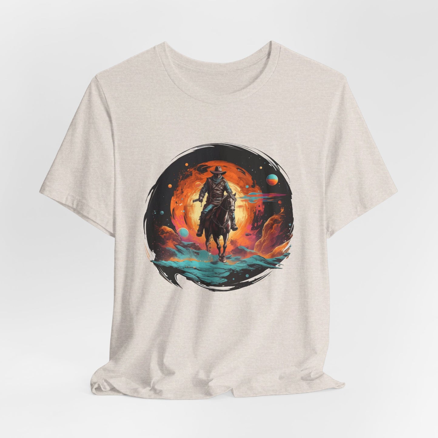 Galactic Outlaw: Bella Canvas T-shirt with Cowboy and Planets