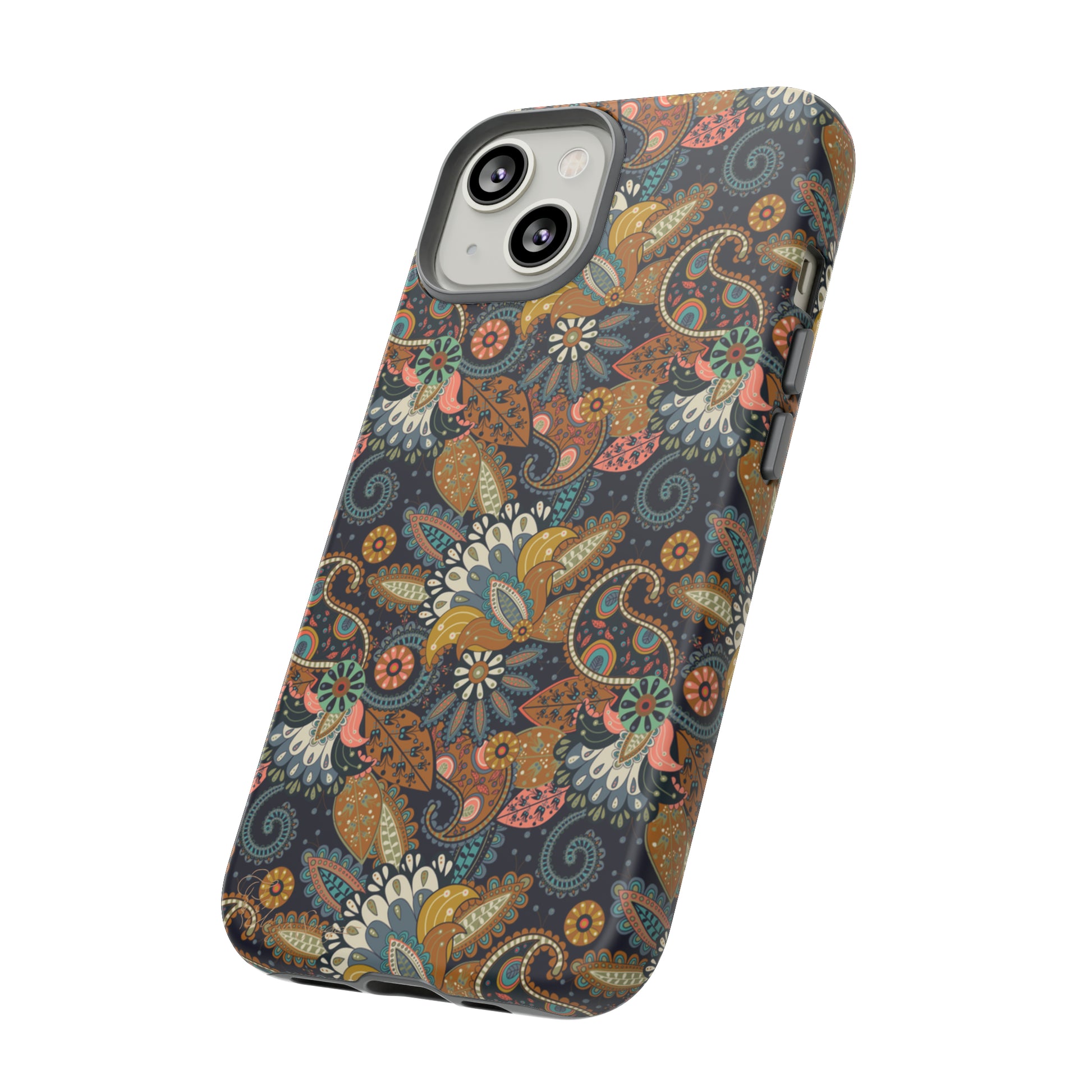 Paisley Bouquet iPhone Tough Protective Cover. A fusion of Flowers, Boho, and Paisley in a Western design. Compatible with iPhone 15, 14, 13, 12, 11, XS, XR Pro/Max/Mini/P/Plus. Embrace Bohemian Elegance with Style and Durability. #ElizaSinger #PhoneCase #BohoPaisley