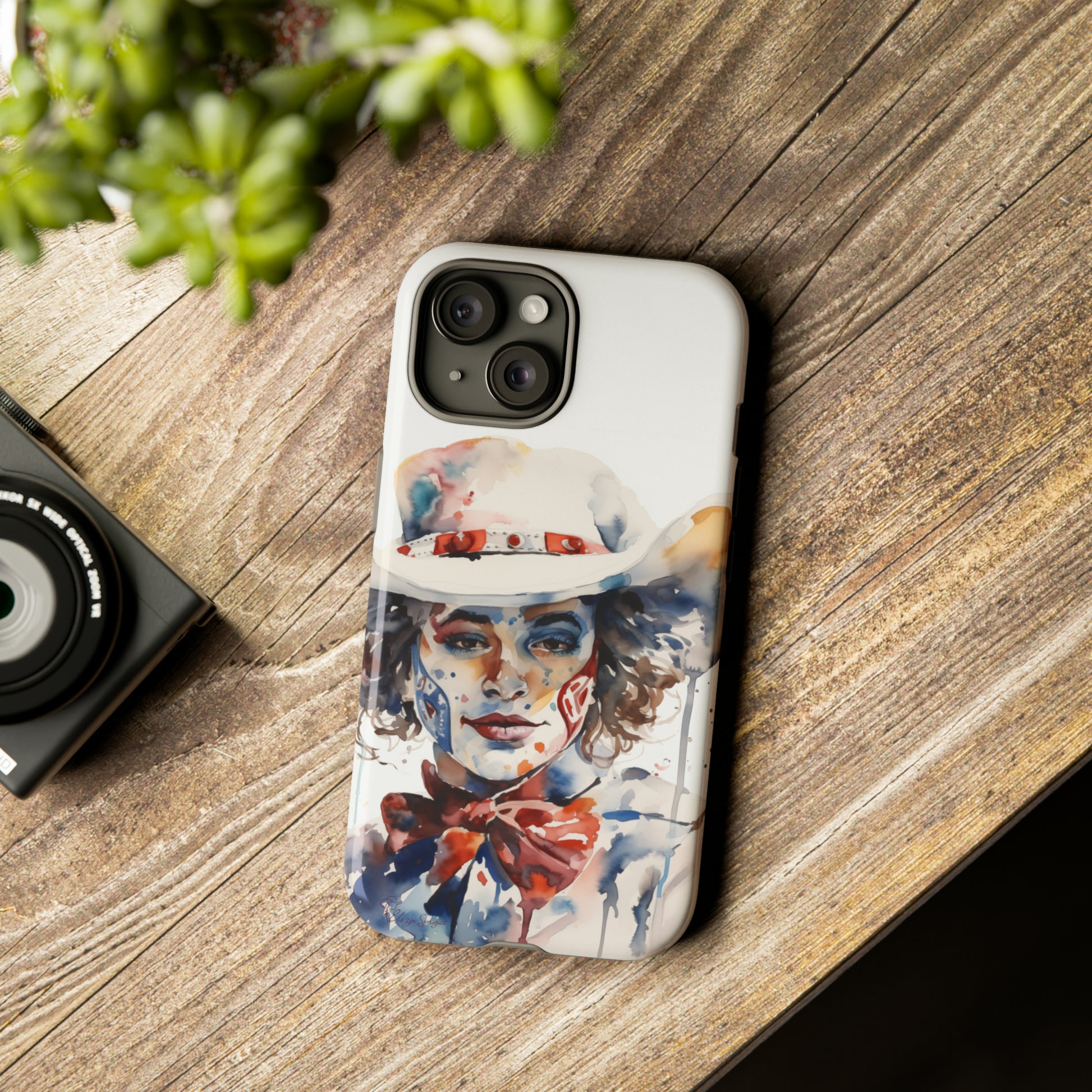 Presenting our Tough Western Cell Phone Case: Rodeo Clown Watercolor Gal Edition! This one-of-a-kind design showcases a vibrant watercolor portrayal of a woman as a rodeo clown on a white background. Enjoy the fusion of artistry and robust phone protection.