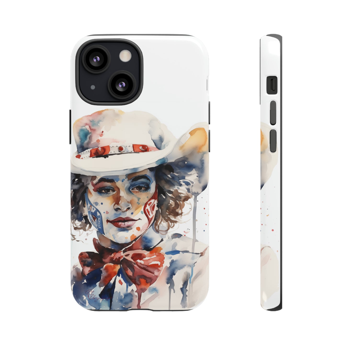 Presenting our Tough Western Cell Phone Case: Rodeo Clown Watercolor Gal Edition! This one-of-a-kind design showcases a vibrant watercolor portrayal of a woman as a rodeo clown on a white background. Enjoy the fusion of artistry and robust phone protection.