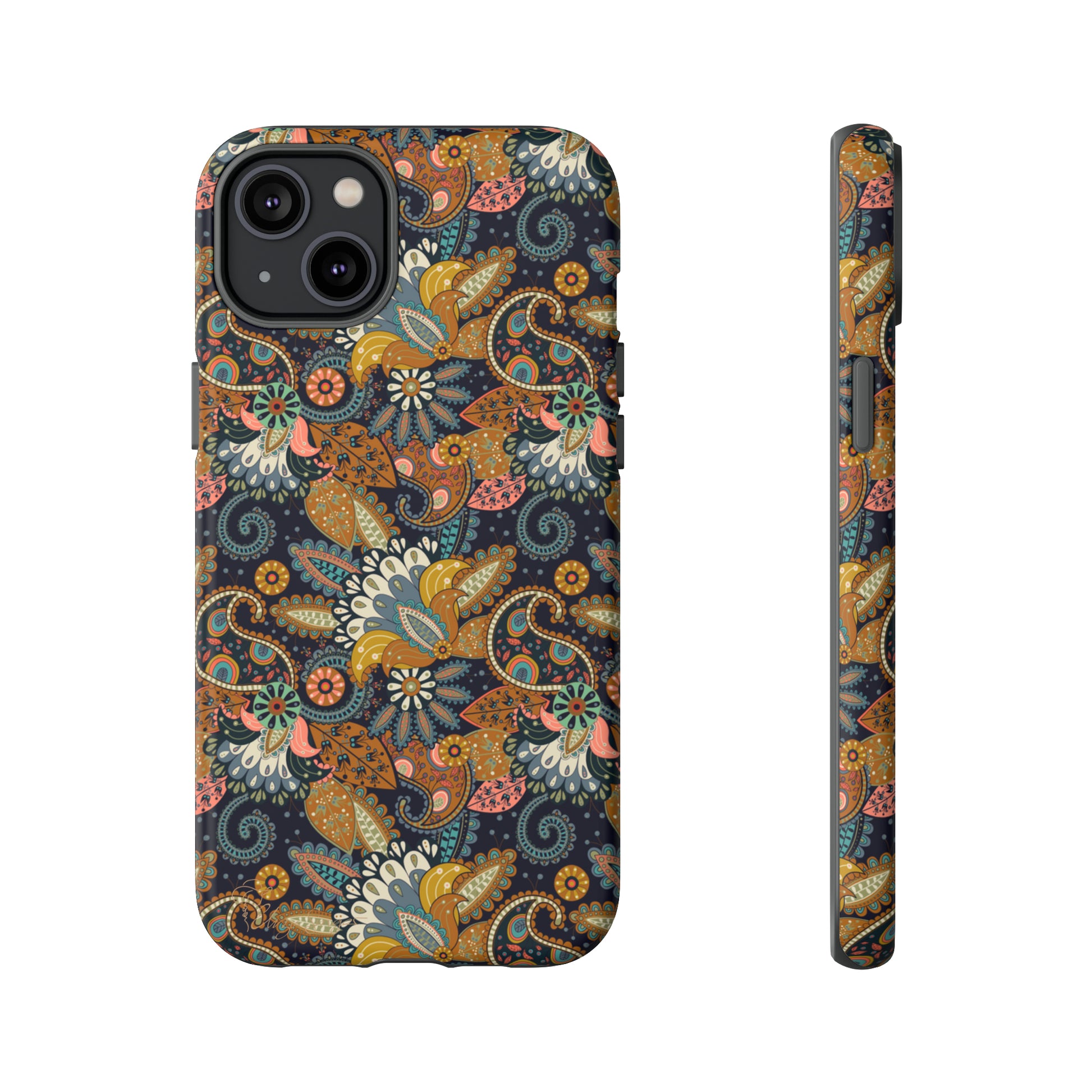 Paisley Bouquet iPhone Tough Protective Cover. A fusion of Flowers, Boho, and Paisley in a Western design. Compatible with iPhone 15, 14, 13, 12, 11, XS, XR Pro/Max/Mini/P/Plus. Embrace Bohemian Elegance with Style and Durability. #ElizaSinger #PhoneCase #BohoPaisley