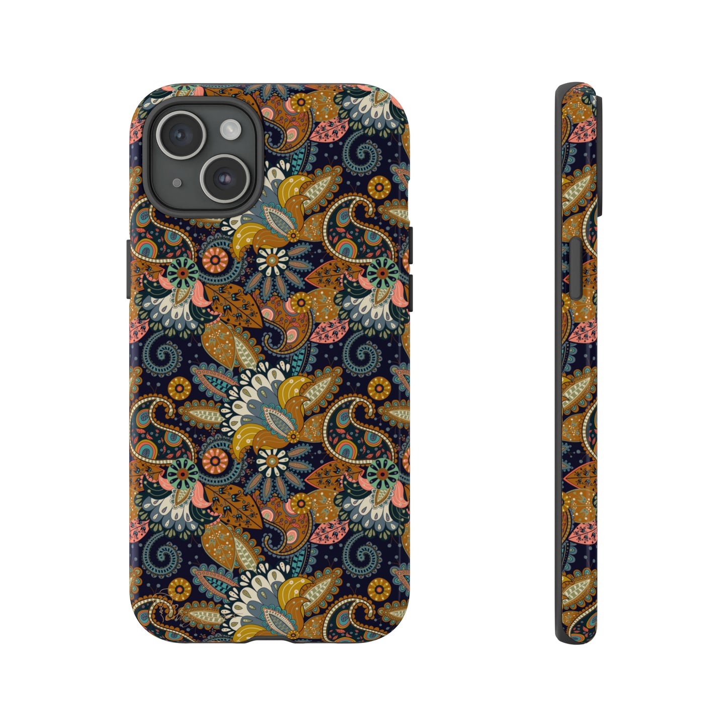 Paisley Bouquet iPhone Tough Protective Cover. A fusion of Flowers, Boho, and Paisley in a Western design. Compatible with iPhone 15, 14, 13, 12, 11, XS, XR Pro/Max/Mini/P/Plus. Embrace Bohemian Elegance with Style and Durability. #ElizaSinger #PhoneCase #BohoPaisley