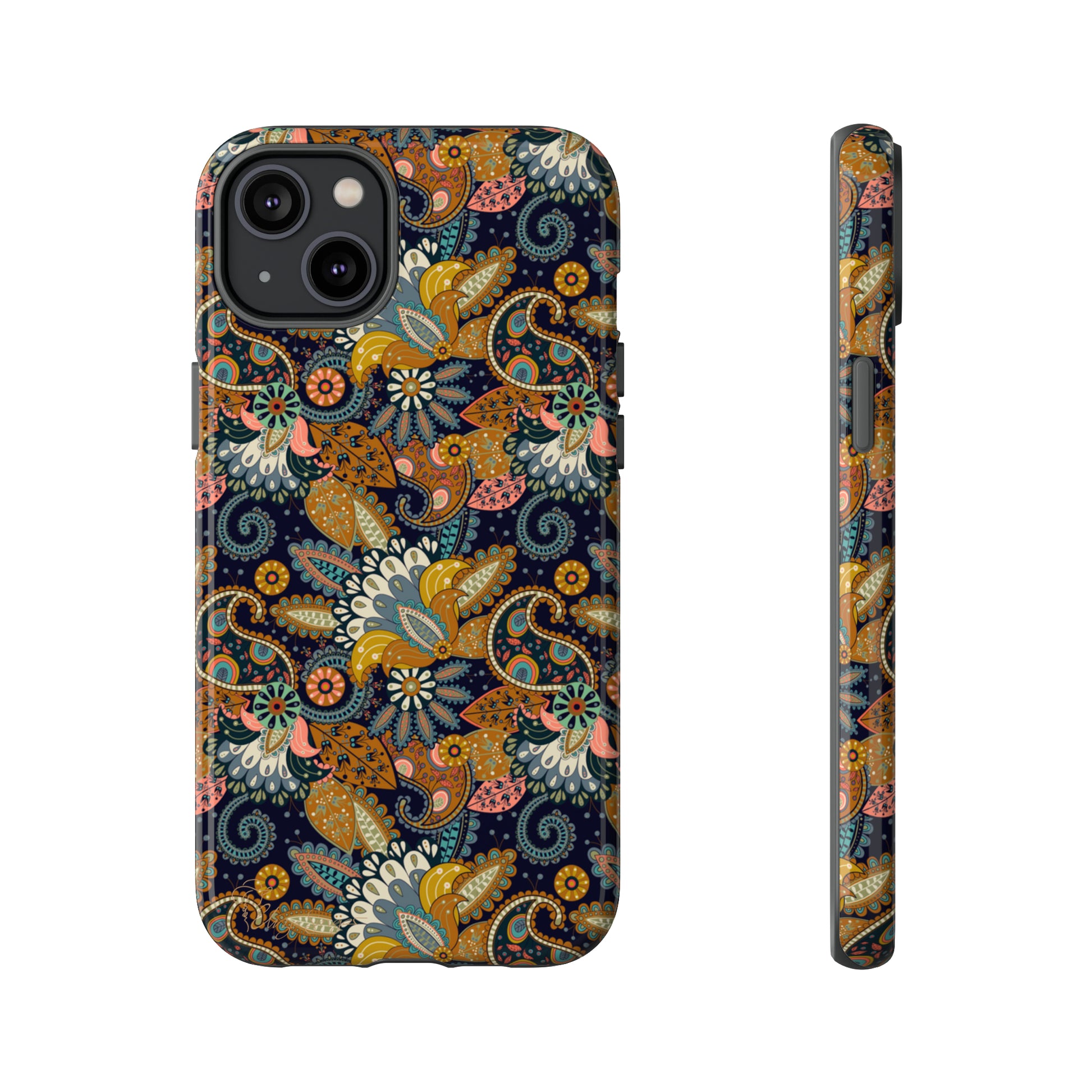 Paisley Bouquet iPhone Tough Protective Cover. A fusion of Flowers, Boho, and Paisley in a Western design. Compatible with iPhone 15, 14, 13, 12, 11, XS, XR Pro/Max/Mini/P/Plus. Embrace Bohemian Elegance with Style and Durability. #ElizaSinger #PhoneCase #BohoPaisley