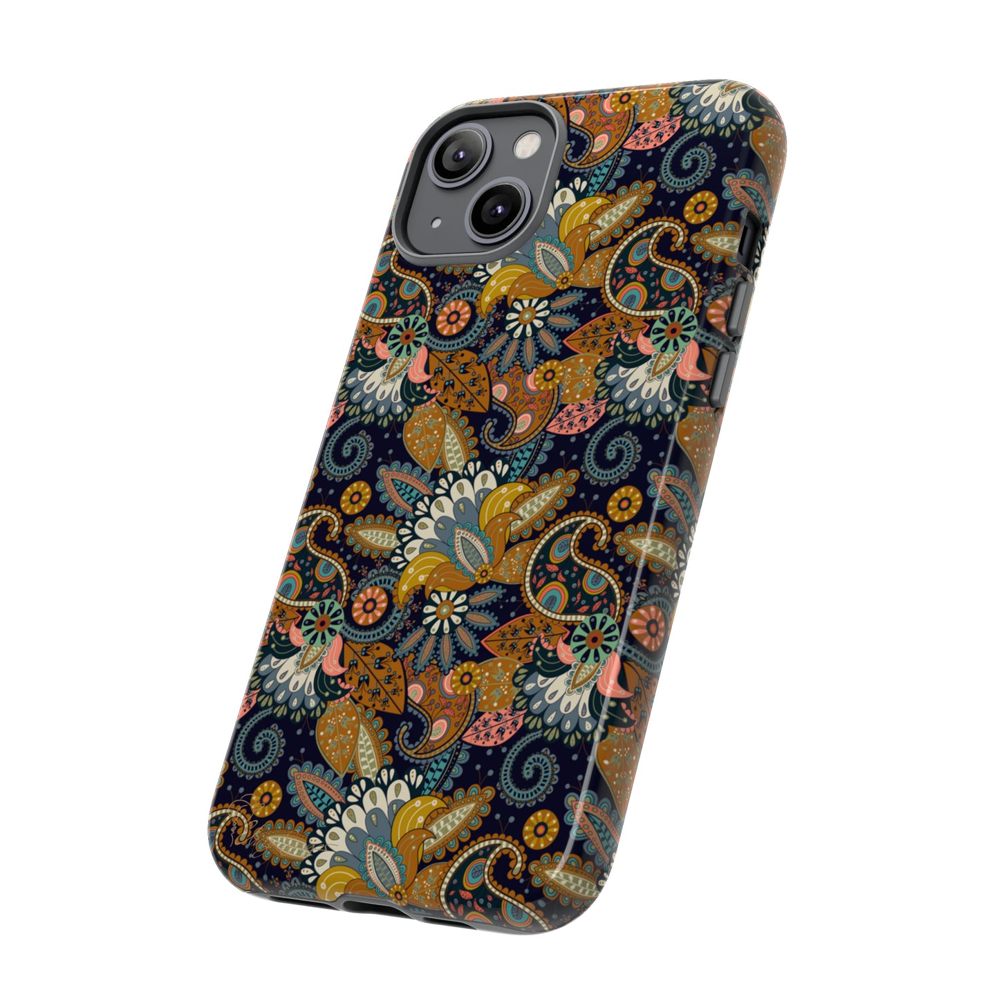 Paisley Bouquet iPhone Tough Protective Cover. A fusion of Flowers, Boho, and Paisley in a Western design. Compatible with iPhone 15, 14, 13, 12, 11, XS, XR Pro/Max/Mini/P/Plus. Embrace Bohemian Elegance with Style and Durability. #ElizaSinger #PhoneCase #BohoPaisley