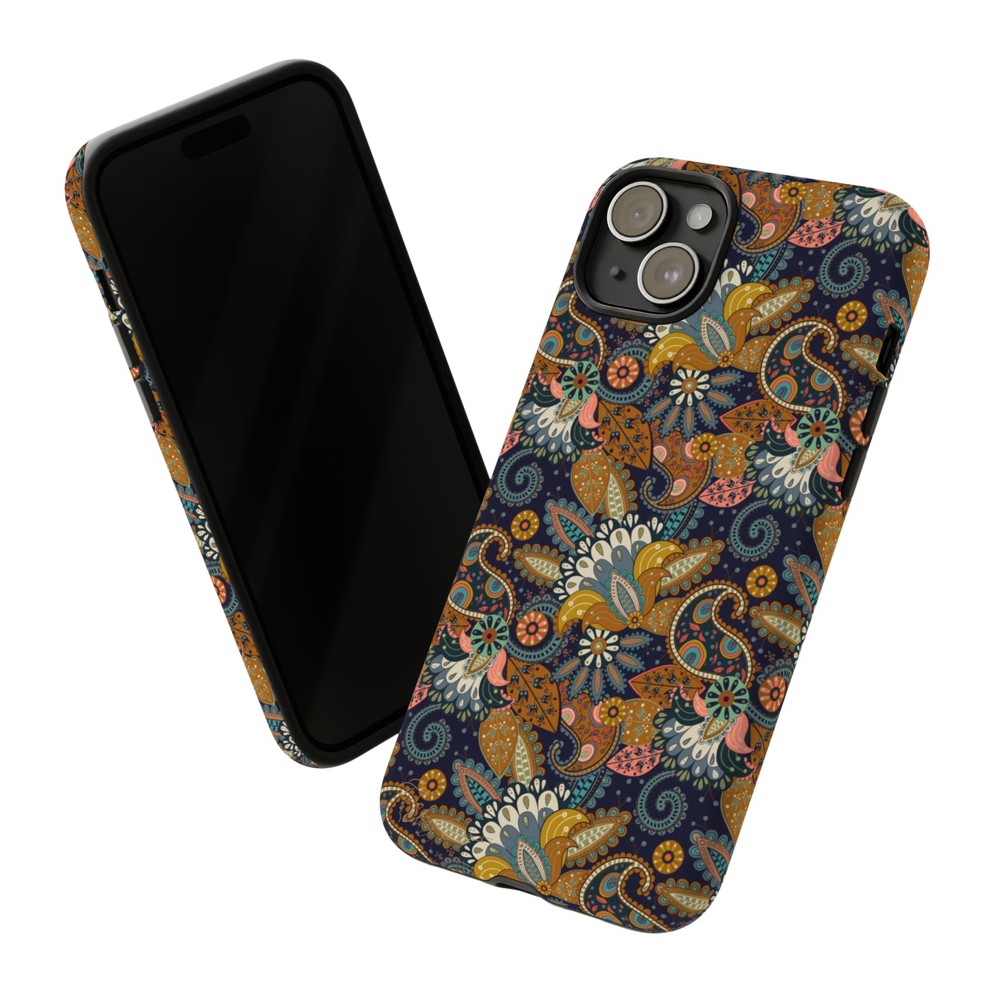 Paisley Bouquet iPhone Tough Protective Cover. A fusion of Flowers, Boho, and Paisley in a Western design. Compatible with iPhone 15, 14, 13, 12, 11, XS, XR Pro/Max/Mini/P/Plus. Embrace Bohemian Elegance with Style and Durability. #ElizaSinger #PhoneCase #BohoPaisley