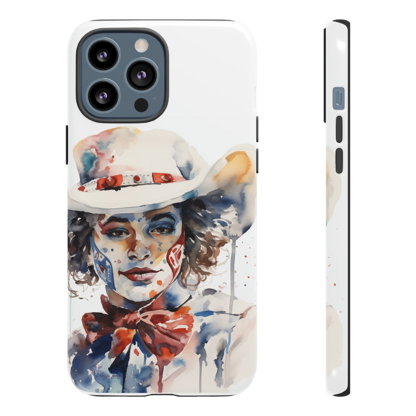 Presenting our Tough Western Cell Phone Case: Rodeo Clown Watercolor Gal Edition! This one-of-a-kind design showcases a vibrant watercolor portrayal of a woman as a rodeo clown on a white background. Enjoy the fusion of artistry and robust phone protection.