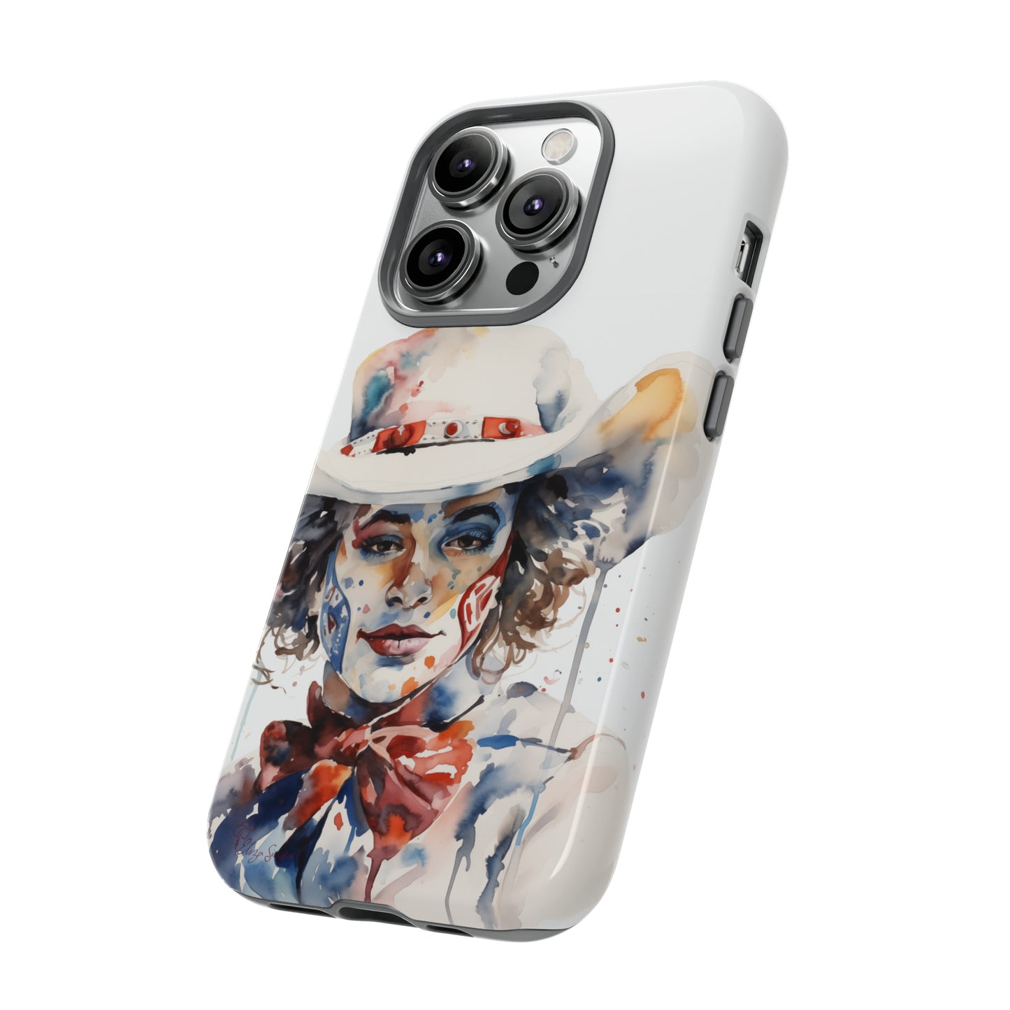 Presenting our Tough Western Cell Phone Case: Rodeo Clown Watercolor Gal Edition! This one-of-a-kind design showcases a vibrant watercolor portrayal of a woman as a rodeo clown on a white background. Enjoy the fusion of artistry and robust phone protection.