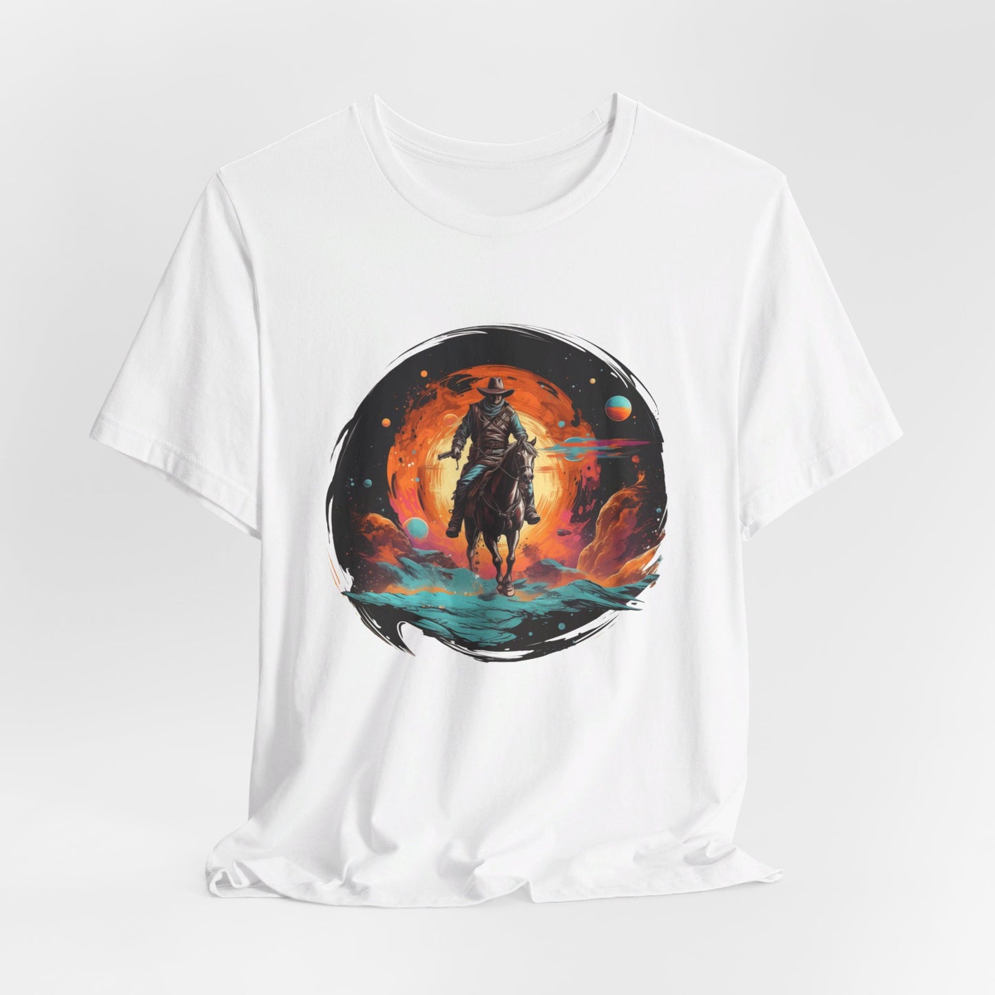 Galactic Outlaw: Bella Canvas T-shirt with Cowboy and Planets