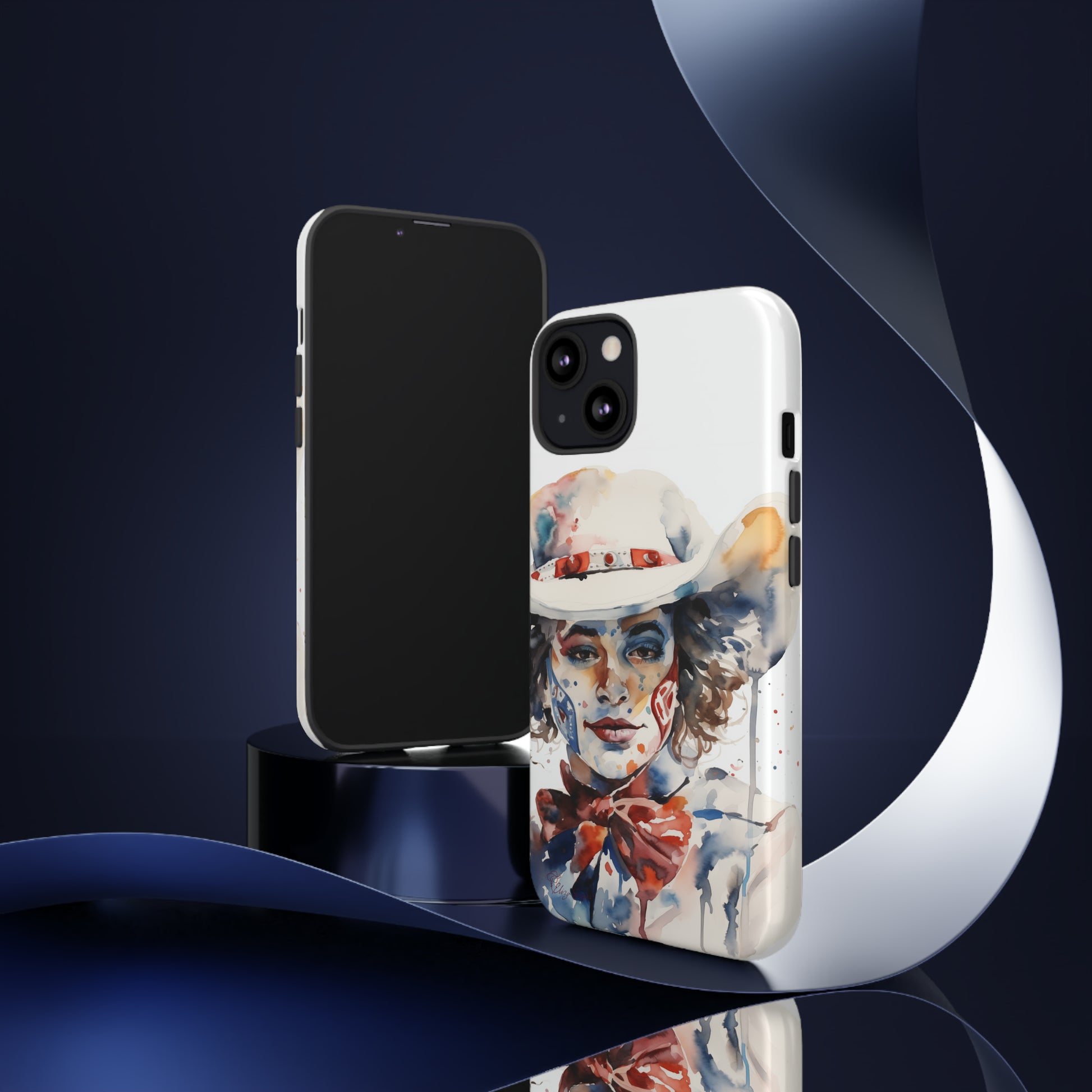 Presenting our Tough Western Cell Phone Case: Rodeo Clown Watercolor Gal Edition! This one-of-a-kind design showcases a vibrant watercolor portrayal of a woman as a rodeo clown on a white background. Enjoy the fusion of artistry and robust phone protection.