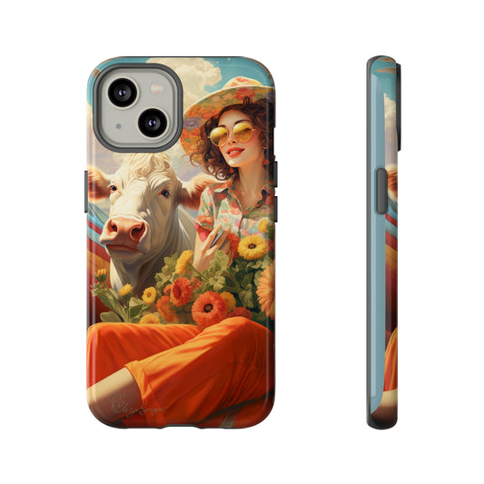 Timeless Retro Charm: Step back in time with our Tough Western Cell Phone Case. Featuring a vintage and bright design, a woman in a hat with daisies is accompanied by a cow looking over her shoulder. Experience the perfect blend of retro aesthetics and durability. Elevate your style with a touch of nostalgia. #ElizaSinger #PhoneCase #RetroStyle 