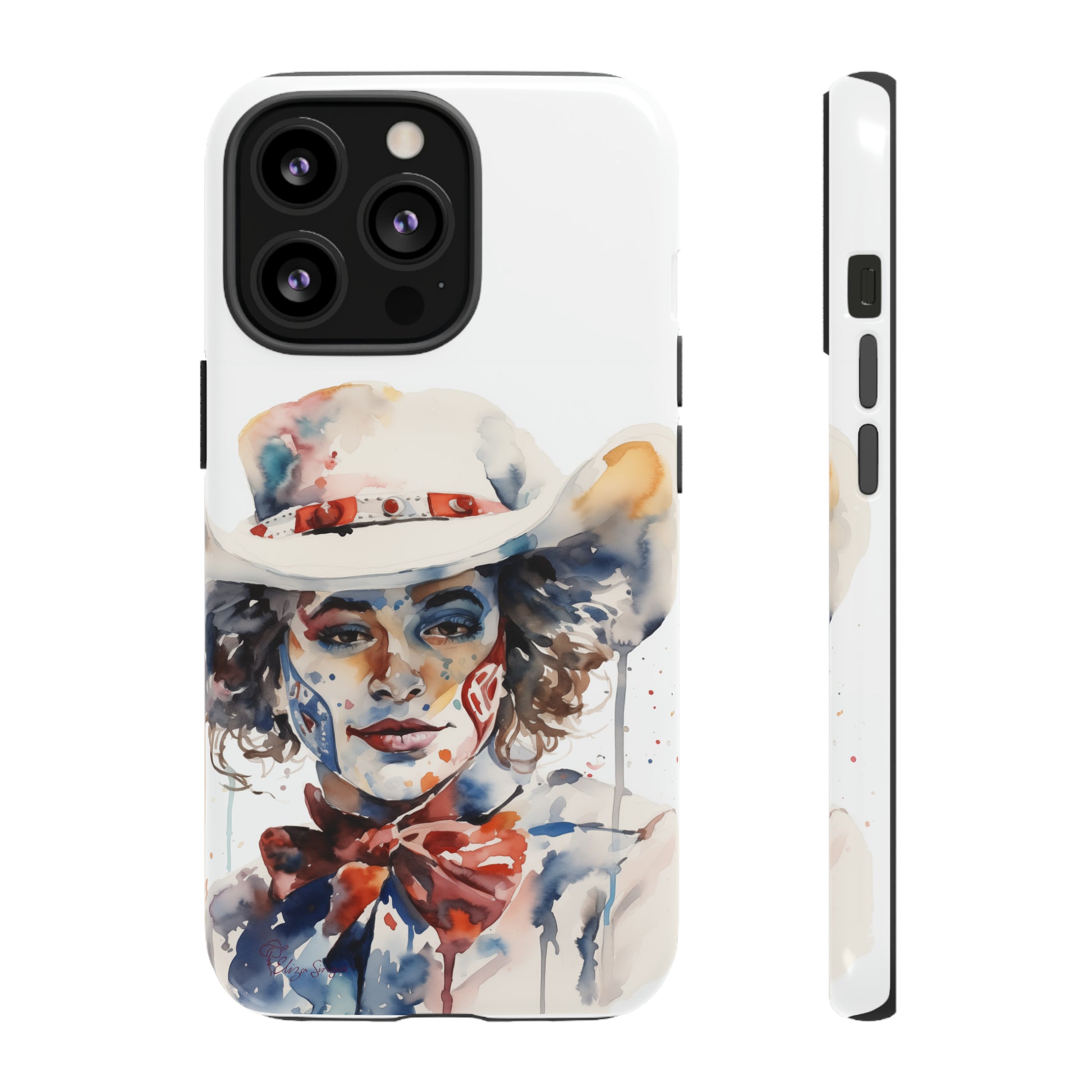 Presenting our Tough Western Cell Phone Case: Rodeo Clown Watercolor Gal Edition! This one-of-a-kind design showcases a vibrant watercolor portrayal of a woman as a rodeo clown on a white background. Enjoy the fusion of artistry and robust phone protection.