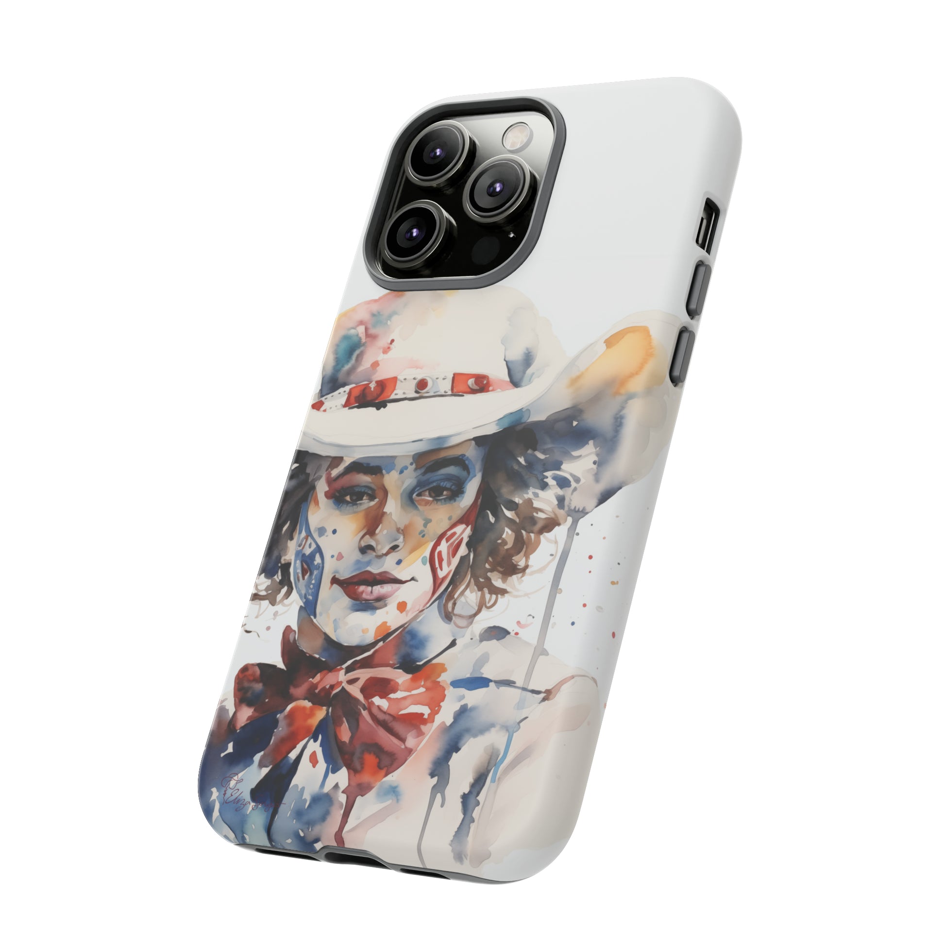 Presenting our Tough Western Cell Phone Case: Rodeo Clown Watercolor Gal Edition! This one-of-a-kind design showcases a vibrant watercolor portrayal of a woman as a rodeo clown on a white background. Enjoy the fusion of artistry and robust phone protection.