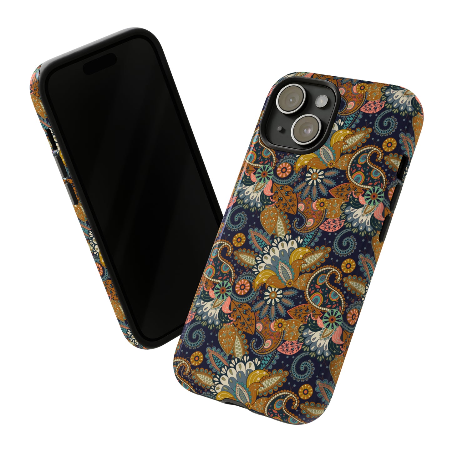 Paisley Bouquet iPhone Tough Protective Cover. A fusion of Flowers, Boho, and Paisley in a Western design. Compatible with iPhone 15, 14, 13, 12, 11, XS, XR Pro/Max/Mini/P/Plus. Embrace Bohemian Elegance with Style and Durability. #ElizaSinger #PhoneCase #BohoPaisley