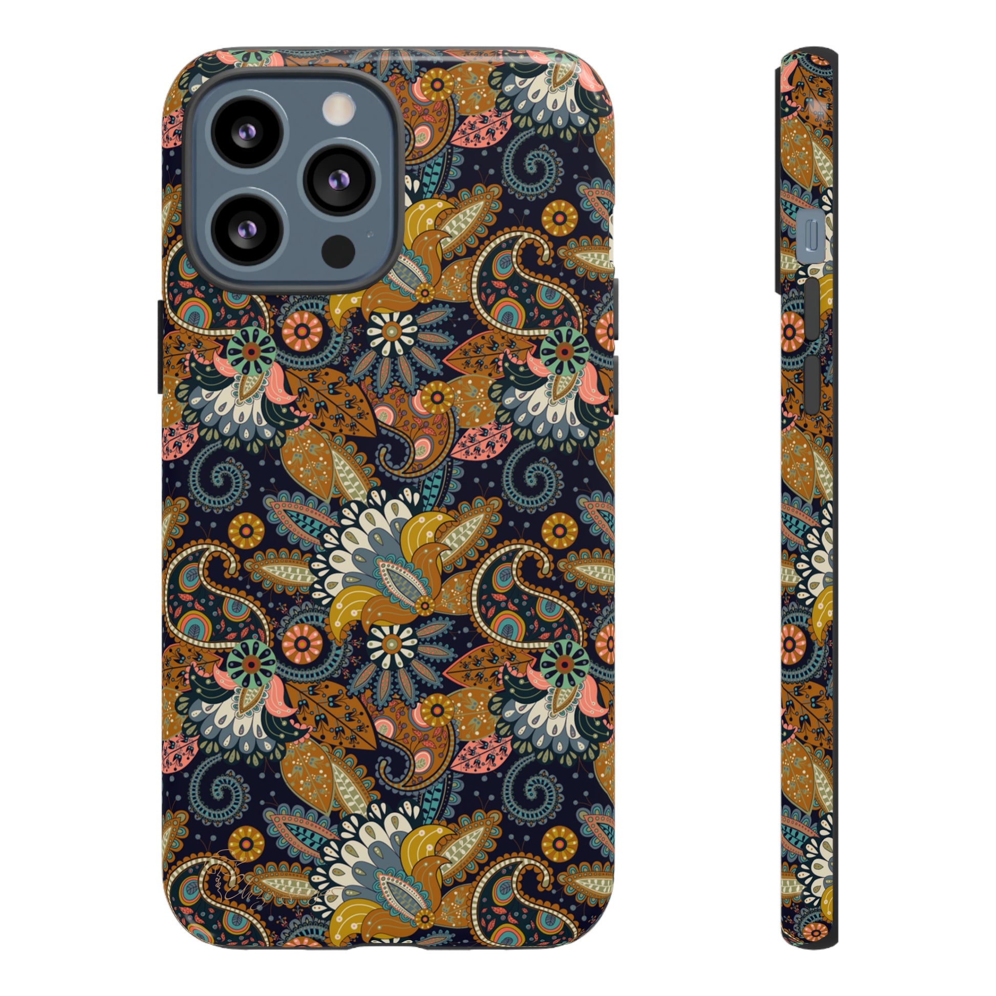 Paisley Bouquet iPhone Tough Protective Cover. A fusion of Flowers, Boho, and Paisley in a Western design. Compatible with iPhone 15, 14, 13, 12, 11, XS, XR Pro/Max/Mini/P/Plus. Embrace Bohemian Elegance with Style and Durability. #ElizaSinger #PhoneCase #BohoPaisley