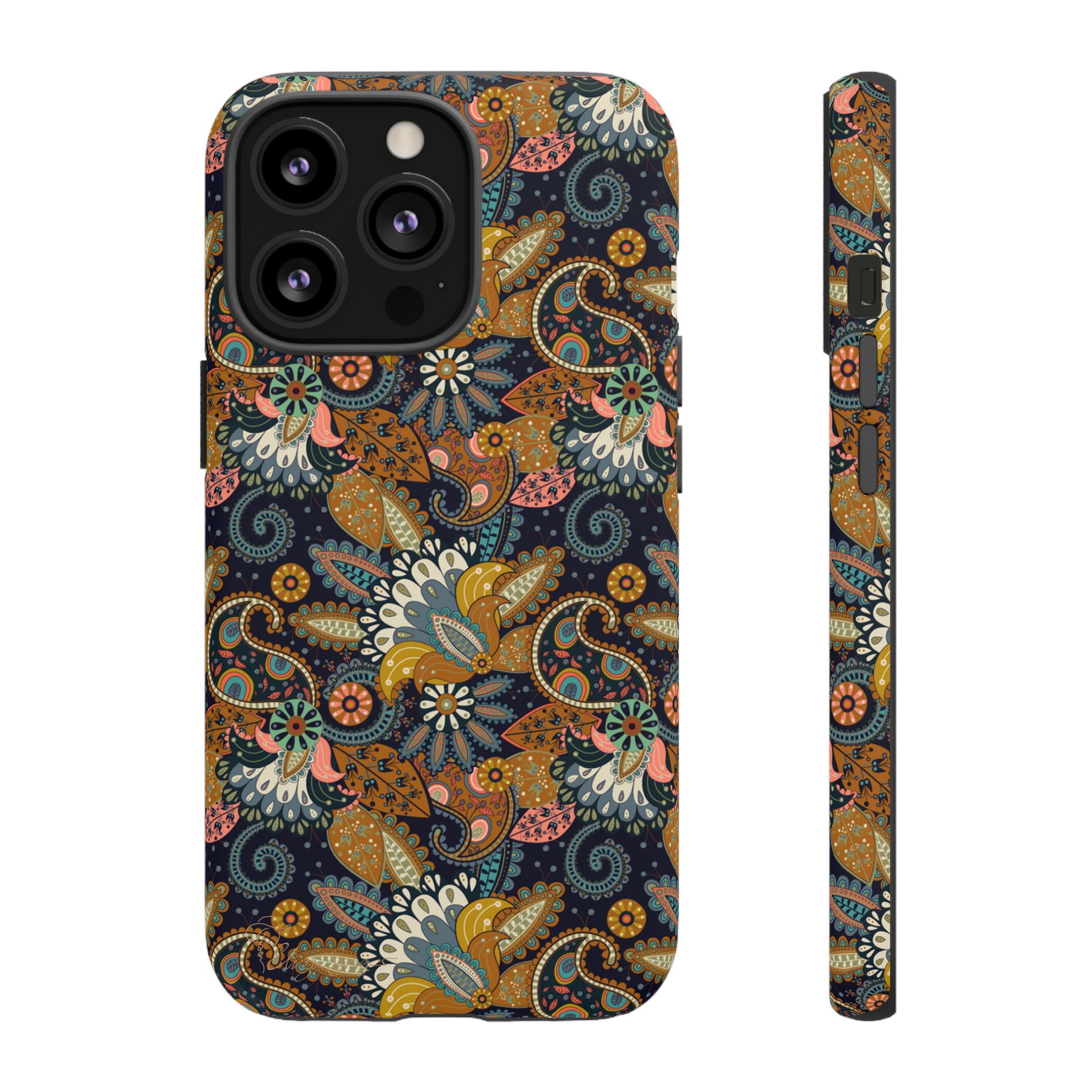 Paisley Bouquet iPhone Tough Protective Cover. A fusion of Flowers, Boho, and Paisley in a Western design. Compatible with iPhone 15, 14, 13, 12, 11, XS, XR Pro/Max/Mini/P/Plus. Embrace Bohemian Elegance with Style and Durability. #ElizaSinger #PhoneCase #BohoPaisley