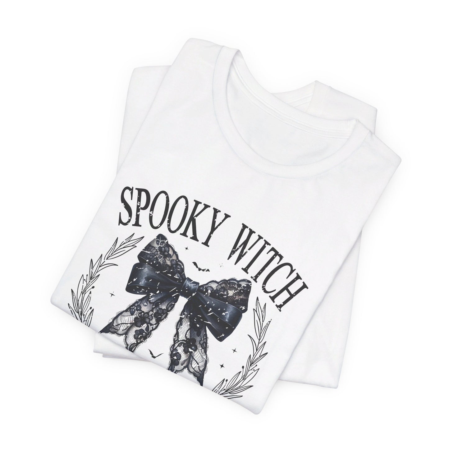 Spooky Witch: Halloween Bella Canvas T-shirt with Black Lace Bow