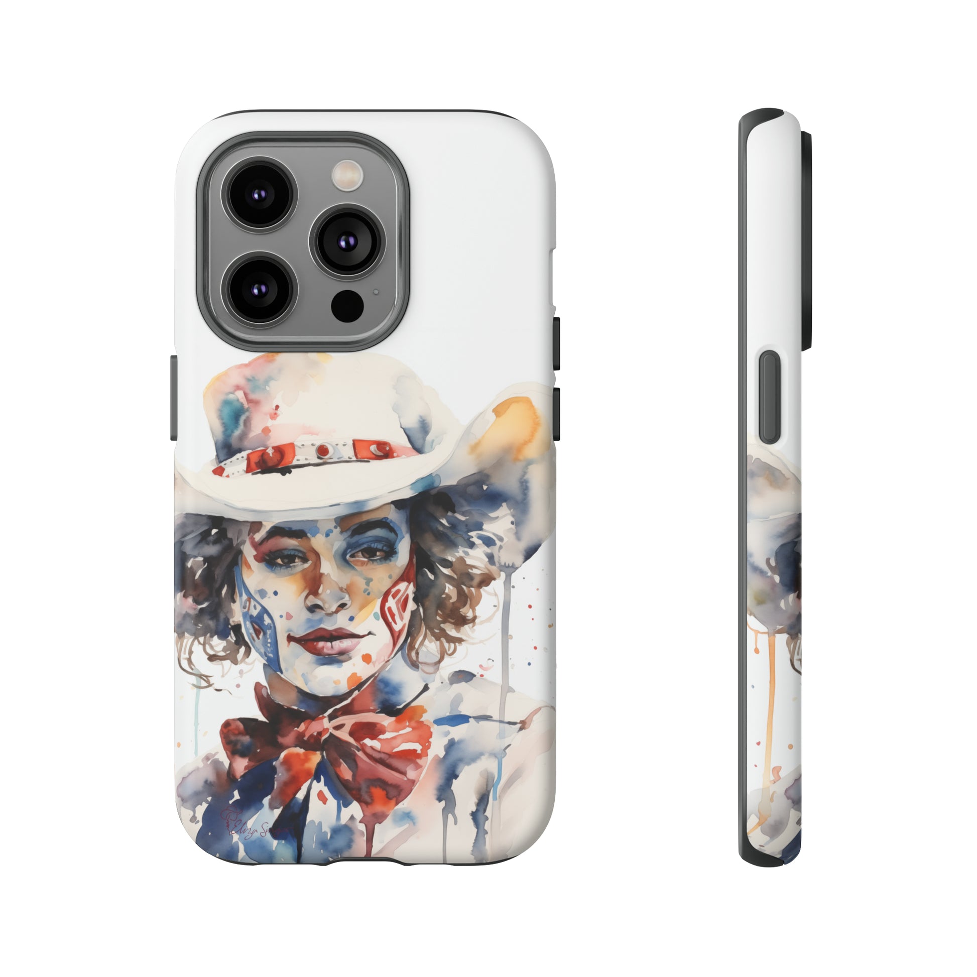 Presenting our Tough Western Cell Phone Case: Rodeo Clown Watercolor Gal Edition! This one-of-a-kind design showcases a vibrant watercolor portrayal of a woman as a rodeo clown on a white background. Enjoy the fusion of artistry and robust phone protection.