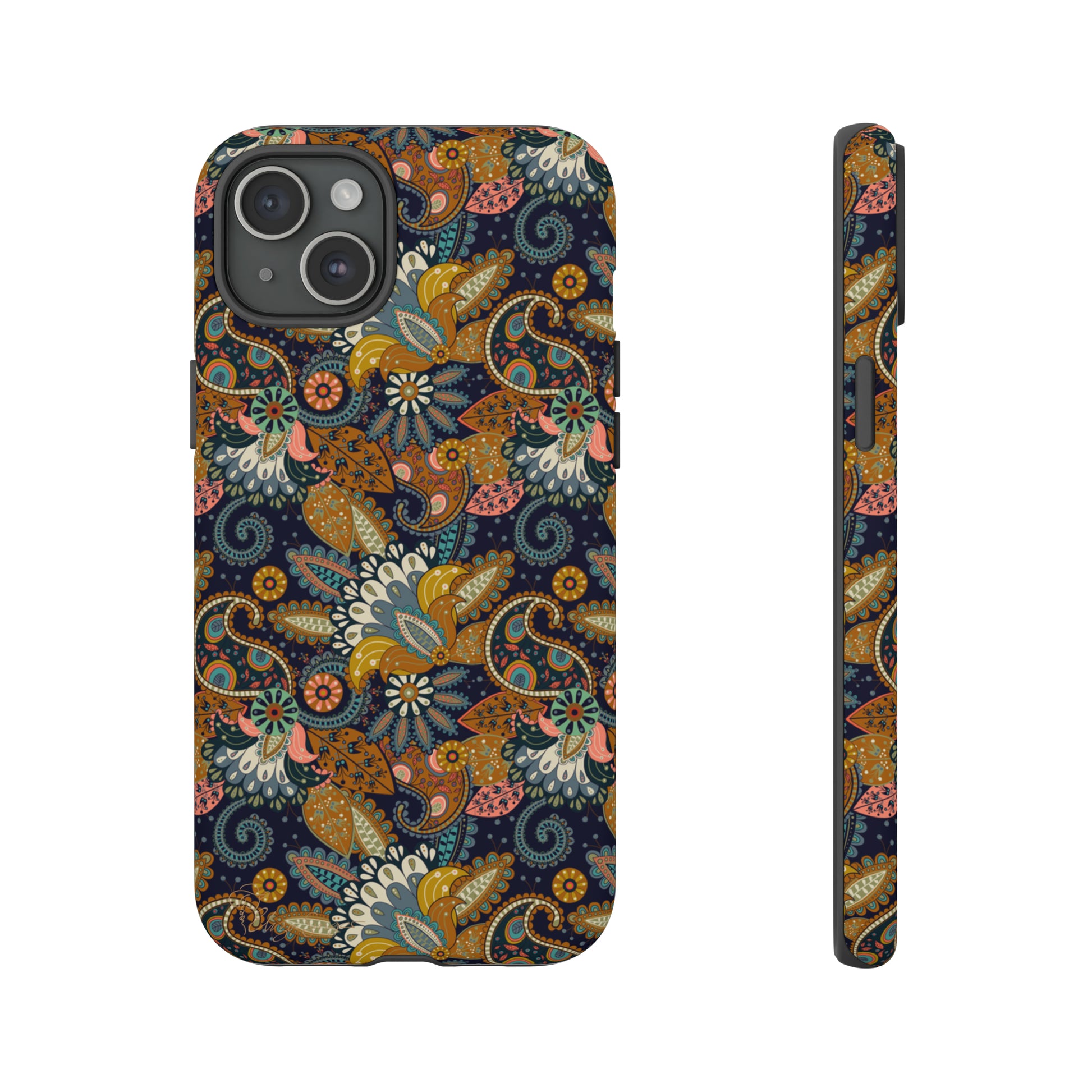 Paisley Bouquet iPhone Tough Protective Cover. A fusion of Flowers, Boho, and Paisley in a Western design. Compatible with iPhone 15, 14, 13, 12, 11, XS, XR Pro/Max/Mini/P/Plus. Embrace Bohemian Elegance with Style and Durability. #ElizaSinger #PhoneCase #BohoPaisley