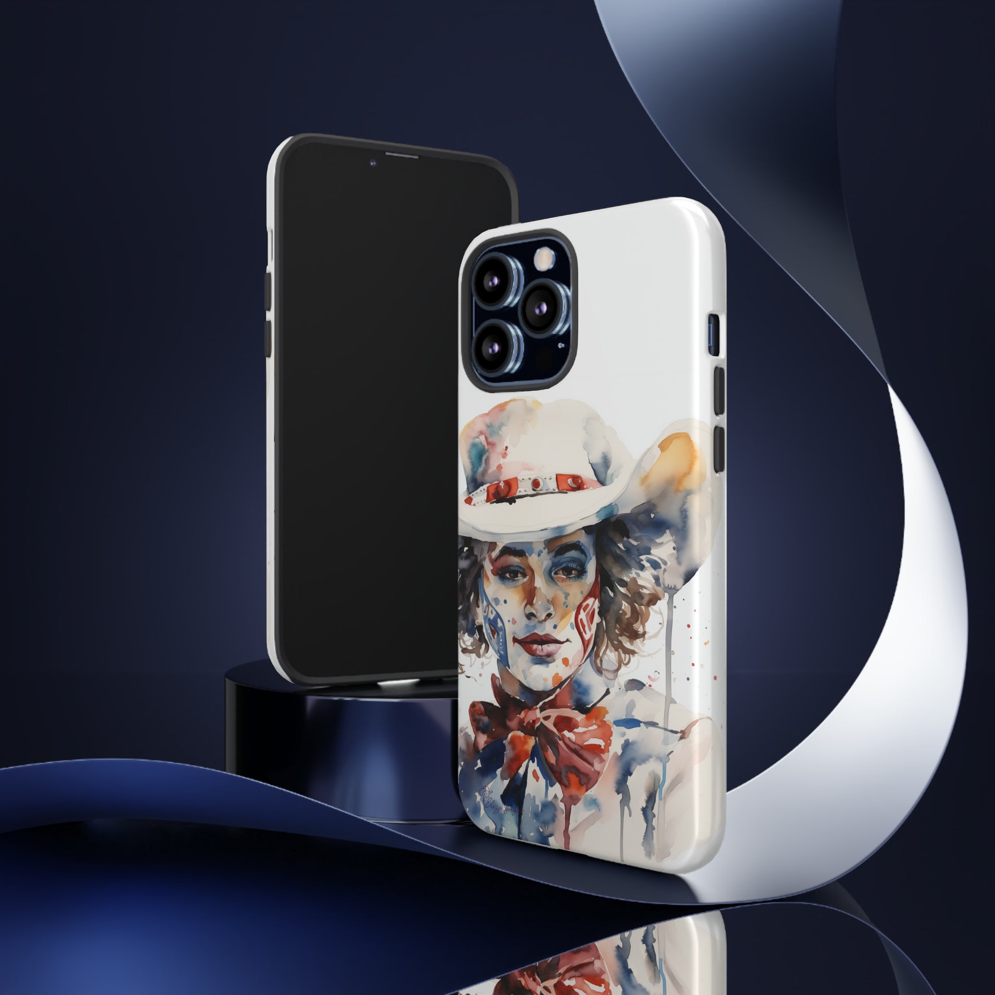 Presenting our Tough Western Cell Phone Case: Rodeo Clown Watercolor Gal Edition! This one-of-a-kind design showcases a vibrant watercolor portrayal of a woman as a rodeo clown on a white background. Enjoy the fusion of artistry and robust phone protection.