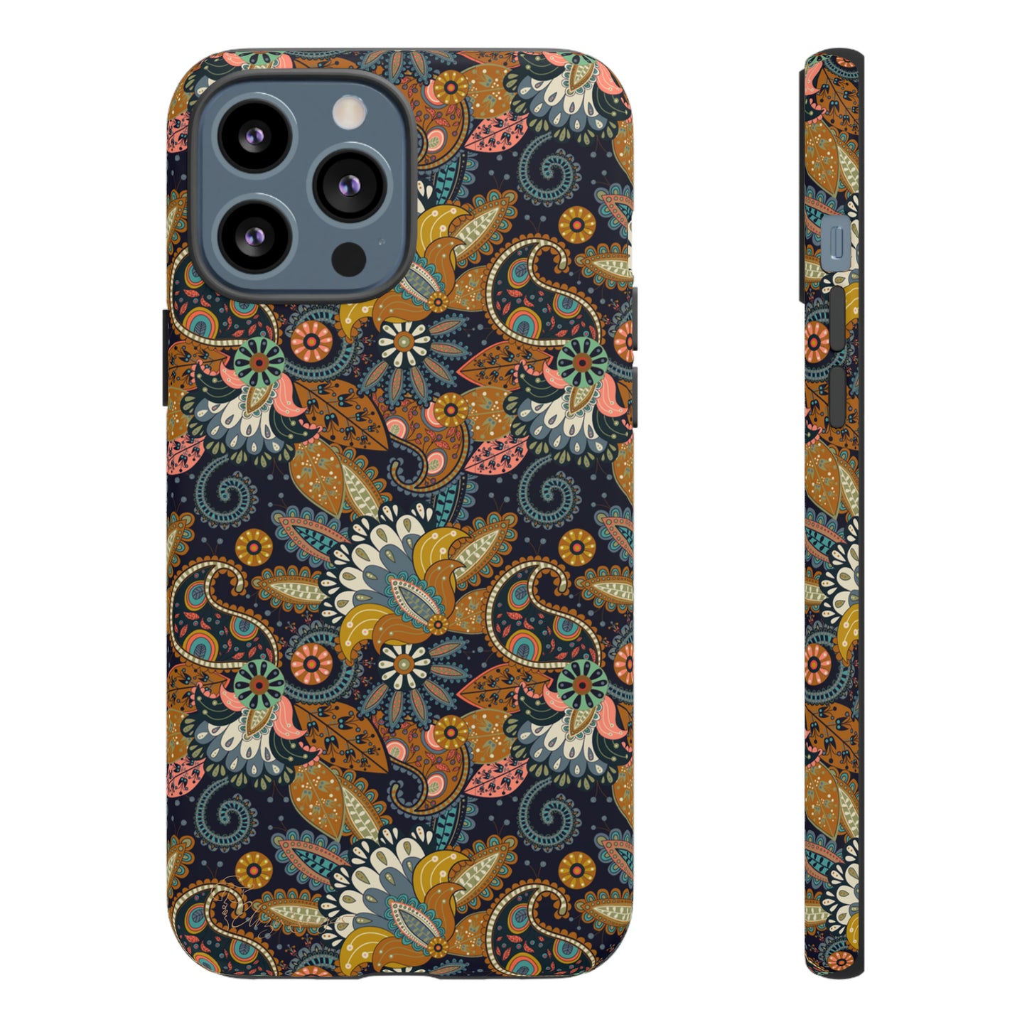 Paisley Bouquet iPhone Tough Protective Cover. A fusion of Flowers, Boho, and Paisley in a Western design. Compatible with iPhone 15, 14, 13, 12, 11, XS, XR Pro/Max/Mini/P/Plus. Embrace Bohemian Elegance with Style and Durability. #ElizaSinger #PhoneCase #BohoPaisley