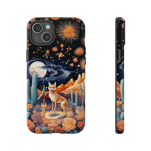 Introducing our Tough Western Cell Phone Case: Midnight Mirage Jackal Edition! Dive into the mysterious desert night with a striking depiction of a jackal, cacti, and a starry sky. This design offers the ideal combination of durability and desert charm. 