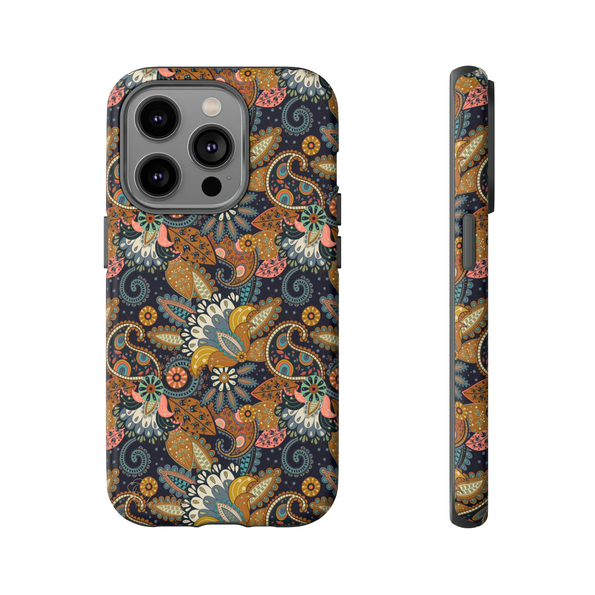 Paisley Bouquet iPhone Tough Protective Cover. A fusion of Flowers, Boho, and Paisley in a Western design. Compatible with iPhone 15, 14, 13, 12, 11, XS, XR Pro/Max/Mini/P/Plus. Embrace Bohemian Elegance with Style and Durability. #ElizaSinger #PhoneCase #BohoPaisley