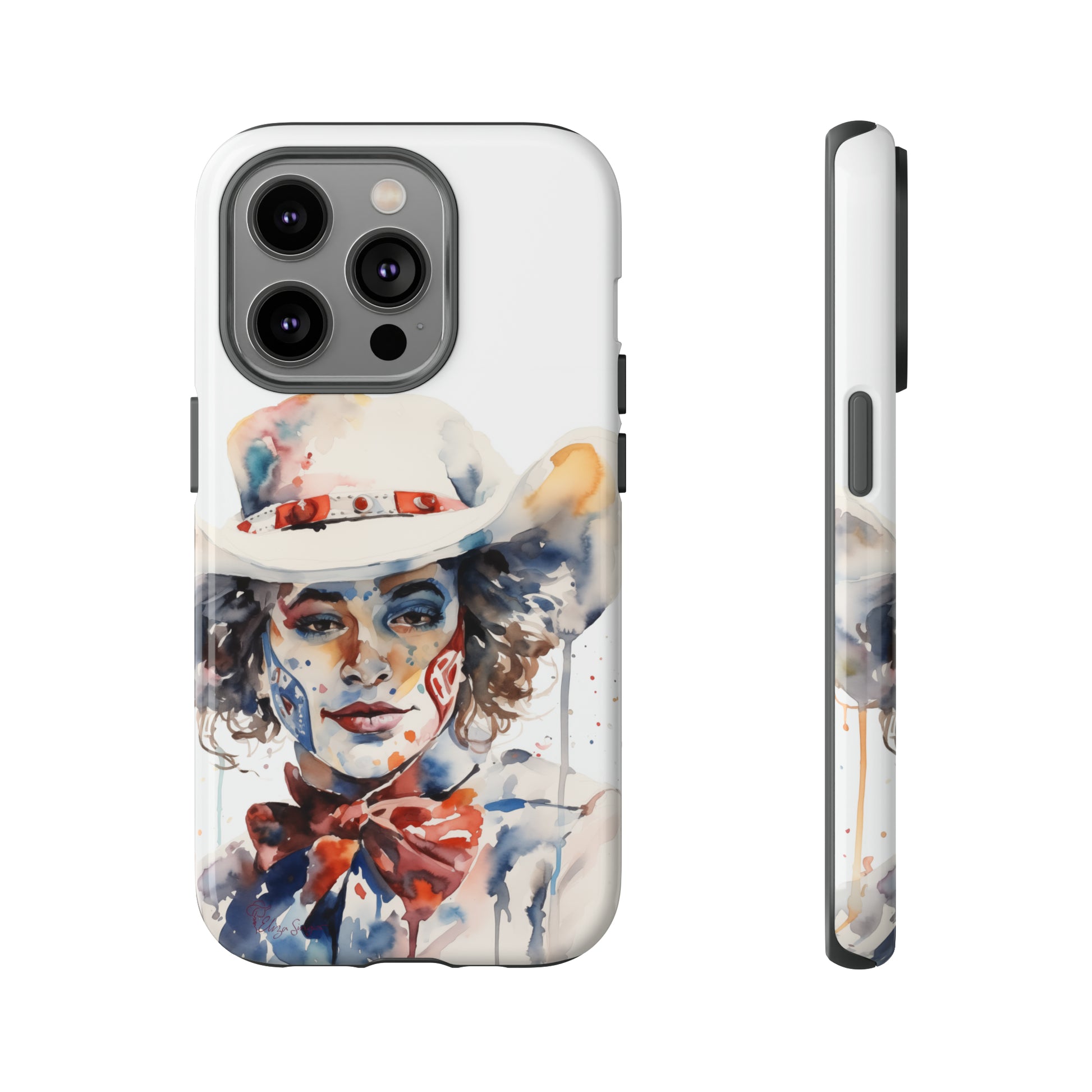 Presenting our Tough Western Cell Phone Case: Rodeo Clown Watercolor Gal Edition! This one-of-a-kind design showcases a vibrant watercolor portrayal of a woman as a rodeo clown on a white background. Enjoy the fusion of artistry and robust phone protection.