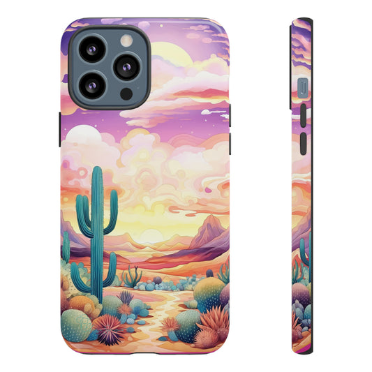 Introducing our Western Tough Cell Phone Case: Psychedelic Desert Dream Edition! Step into a surreal world with a psychedelic desert landscape, dreamy sky, and cactus. This case combines rugged protection with a touch of otherworldly charm.