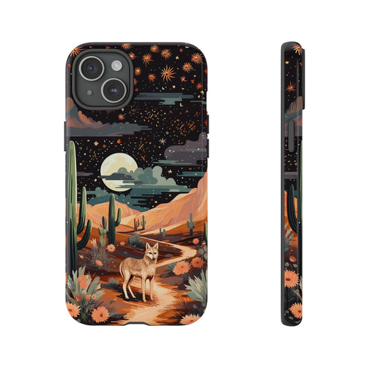 Introducing our Tough Western Cell Phone Case: Twilight Desert Jackal Remix Edition! A variation of our popular design, this edition features a jackal in a desert landscape with a starry night sky and cacti. Get ready for a unique twist on classic rugged protection.