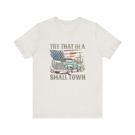 Small Town Pride: Bella Canvas T-shirt with Vintage Pickup and Flag