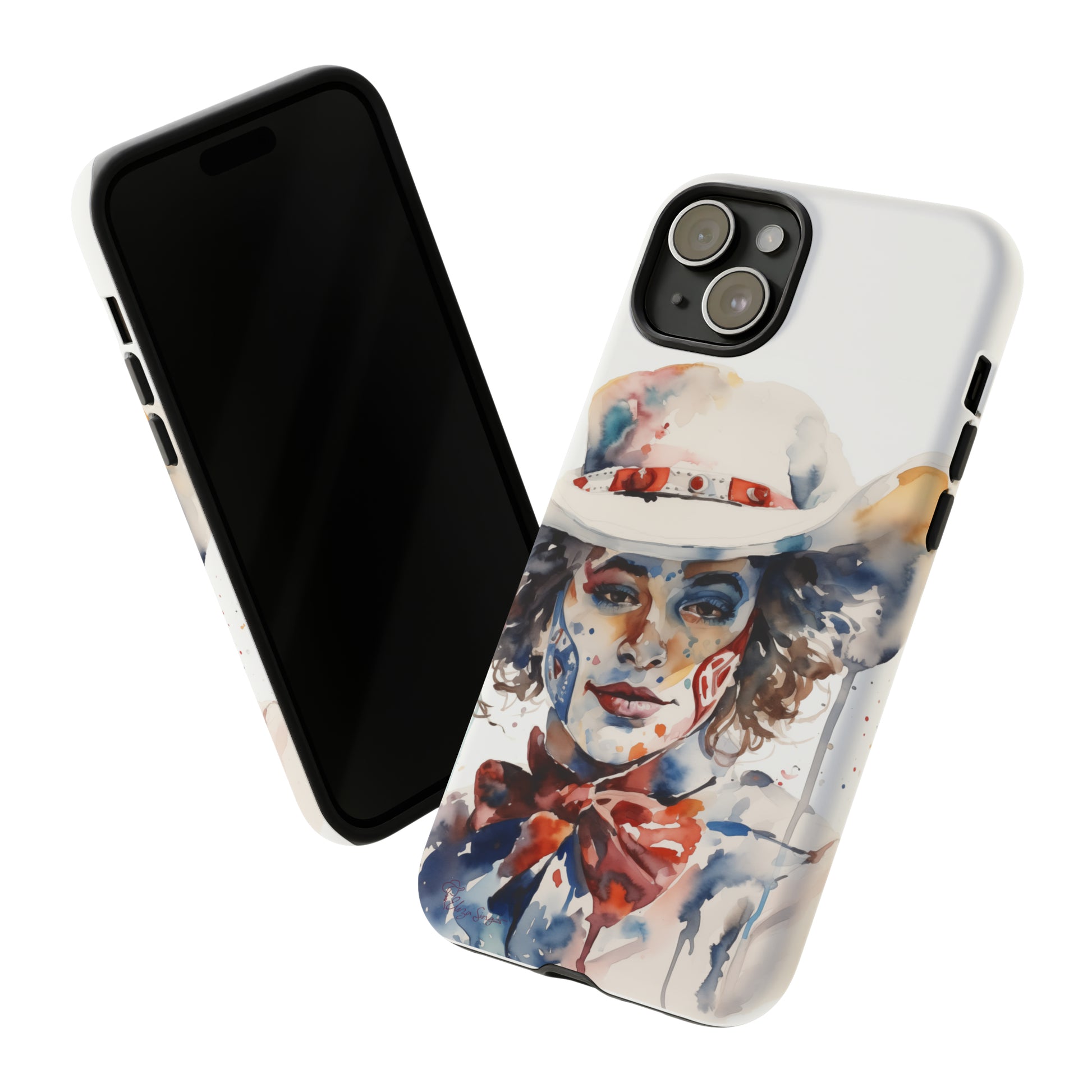 Presenting our Tough Western Cell Phone Case: Rodeo Clown Watercolor Gal Edition! This one-of-a-kind design showcases a vibrant watercolor portrayal of a woman as a rodeo clown on a white background. Enjoy the fusion of artistry and robust phone protection.