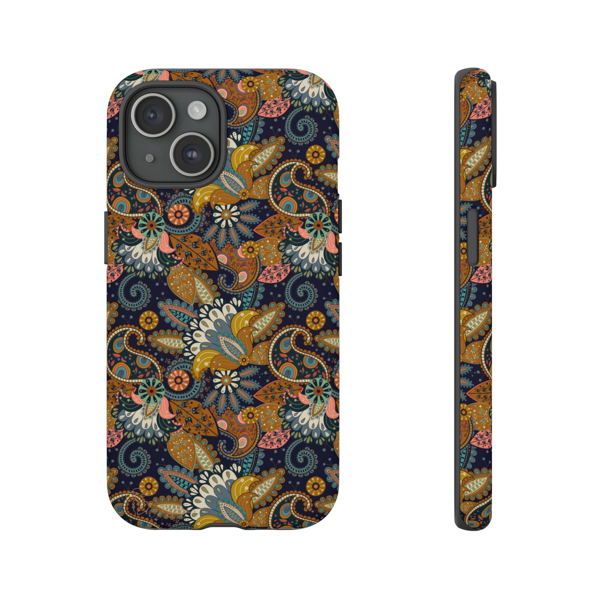 Paisley Bouquet iPhone Tough Protective Cover. A fusion of Flowers, Boho, and Paisley in a Western design. Compatible with iPhone 15, 14, 13, 12, 11, XS, XR Pro/Max/Mini/P/Plus. Embrace Bohemian Elegance with Style and Durability. #ElizaSinger #PhoneCase #BohoPaisley