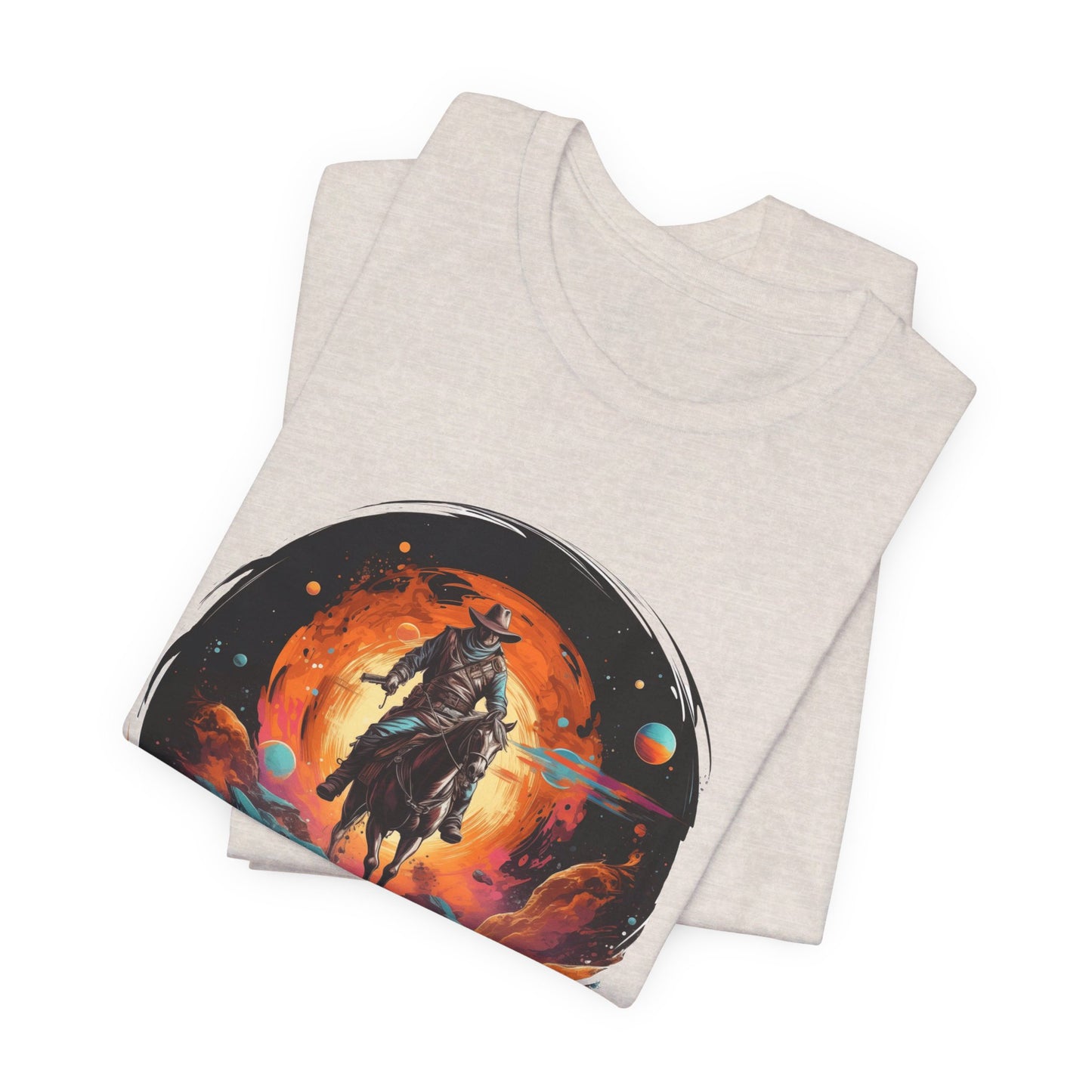 Galactic Outlaw: Bella Canvas T-shirt with Cowboy and Planets