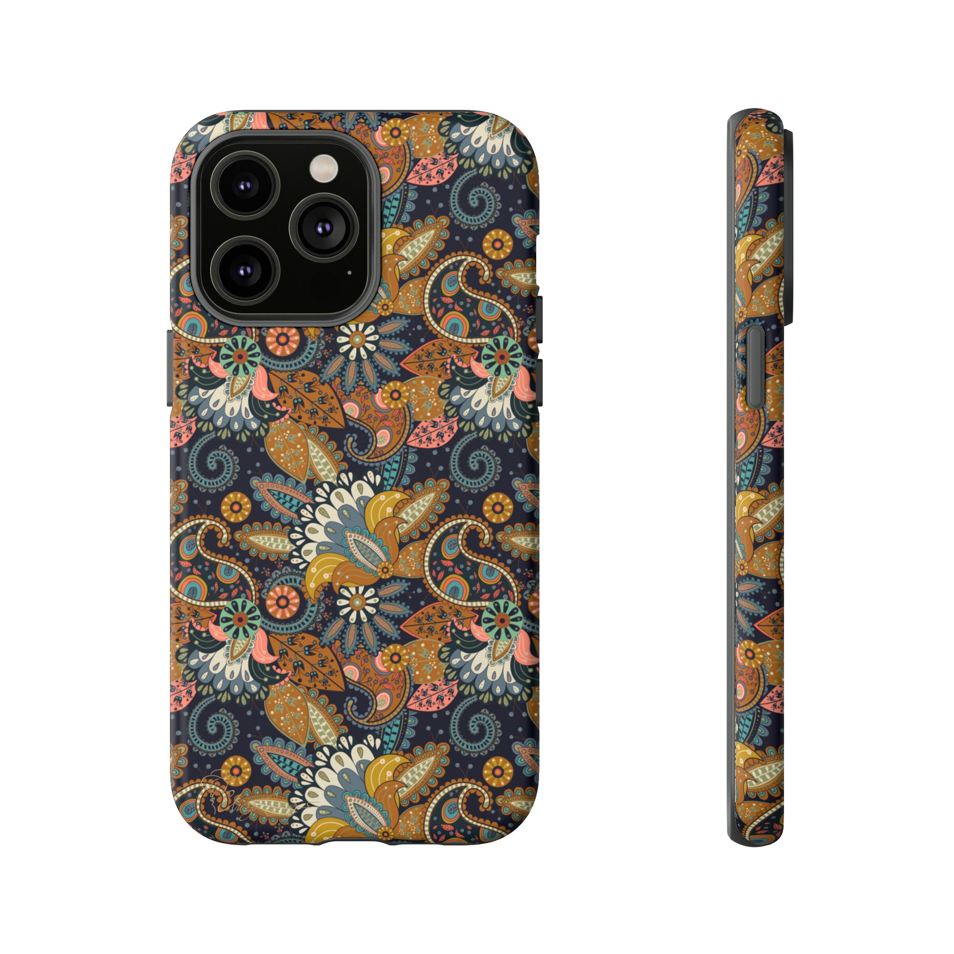 Paisley Bouquet iPhone Tough Protective Cover. A fusion of Flowers, Boho, and Paisley in a Western design. Compatible with iPhone 15, 14, 13, 12, 11, XS, XR Pro/Max/Mini/P/Plus. Embrace Bohemian Elegance with Style and Durability. #ElizaSinger #PhoneCase #BohoPaisley