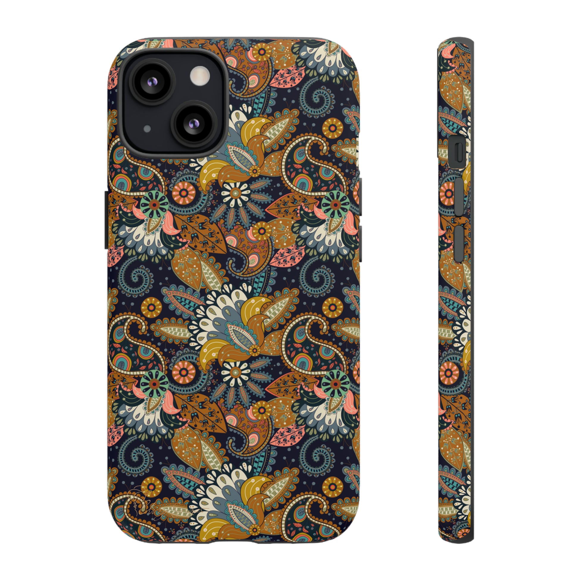 Paisley Bouquet iPhone Tough Protective Cover. A fusion of Flowers, Boho, and Paisley in a Western design. Compatible with iPhone 15, 14, 13, 12, 11, XS, XR Pro/Max/Mini/P/Plus. Embrace Bohemian Elegance with Style and Durability. #ElizaSinger #PhoneCase #BohoPaisley