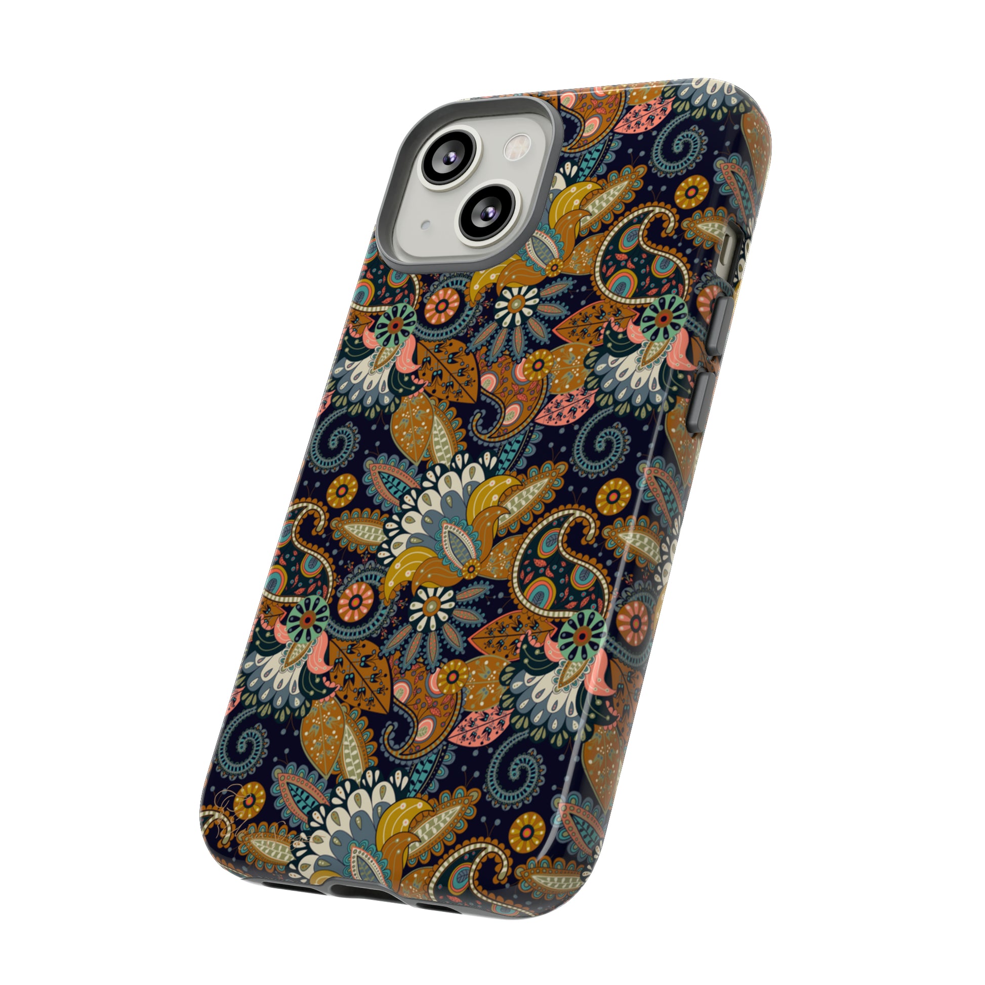 Paisley Bouquet iPhone Tough Protective Cover. A fusion of Flowers, Boho, and Paisley in a Western design. Compatible with iPhone 15, 14, 13, 12, 11, XS, XR Pro/Max/Mini/P/Plus. Embrace Bohemian Elegance with Style and Durability. #ElizaSinger #PhoneCase #BohoPaisley