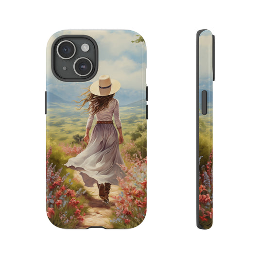 Step into a world of whimsy with our Tough Western Cell Phone Case showcasing a woman in a skirt and hat walking down a small path through a vast field. Delight in the beauty of flowers lining the path while ensuring your phone stays protected with this enchanting edition.