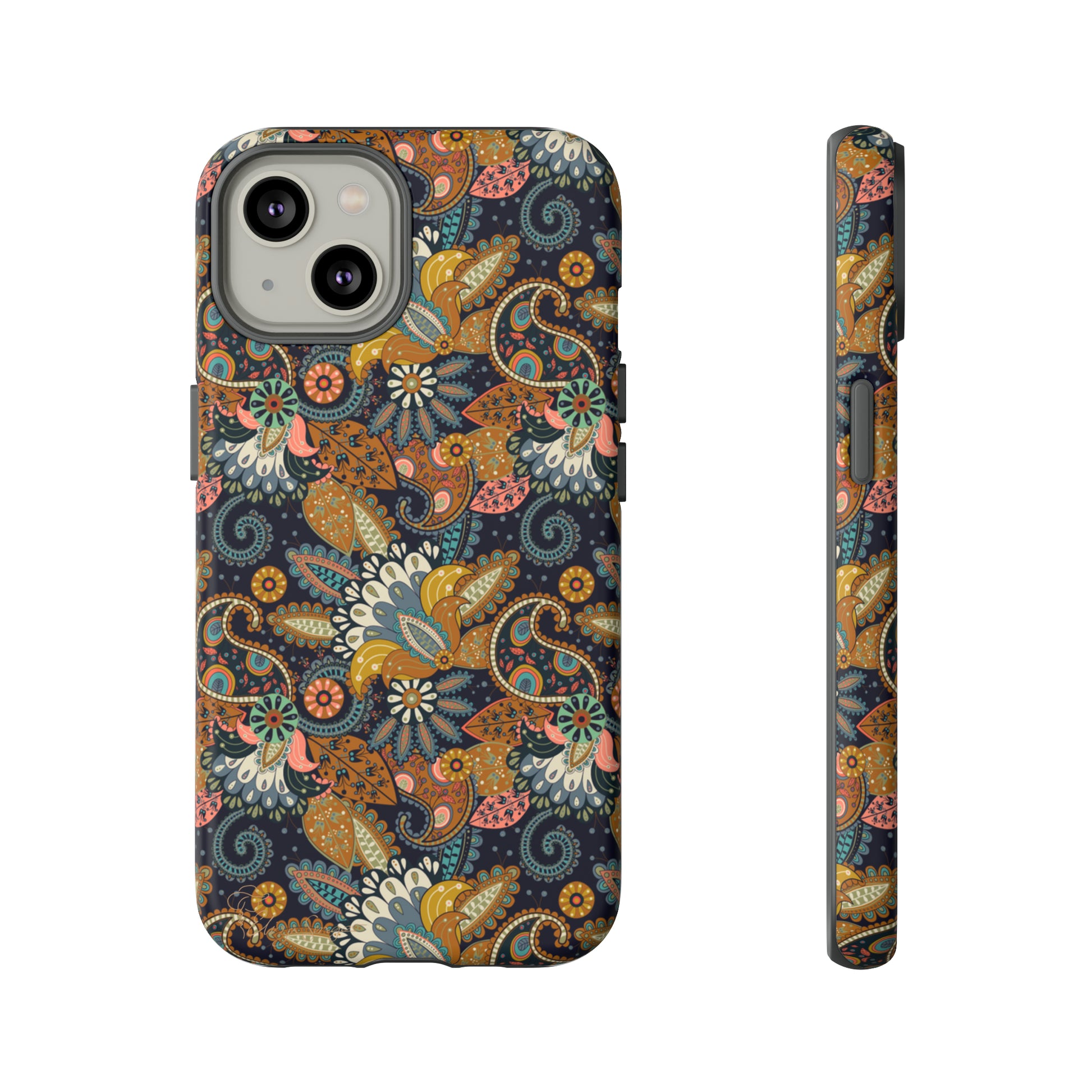 Paisley Bouquet iPhone Tough Protective Cover. A fusion of Flowers, Boho, and Paisley in a Western design. Compatible with iPhone 15, 14, 13, 12, 11, XS, XR Pro/Max/Mini/P/Plus. Embrace Bohemian Elegance with Style and Durability. #ElizaSinger #PhoneCase #BohoPaisley