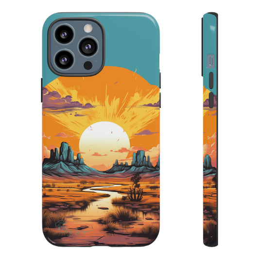 Introducing our Tough Western Cell Phone Case: Turquoise Twilight Oasis Edition! This captivating design showcases a serene landscape with a turquoise background and a mesmerizing setting sun. Enjoy the perfect blend of rugged protection and artistic flair.