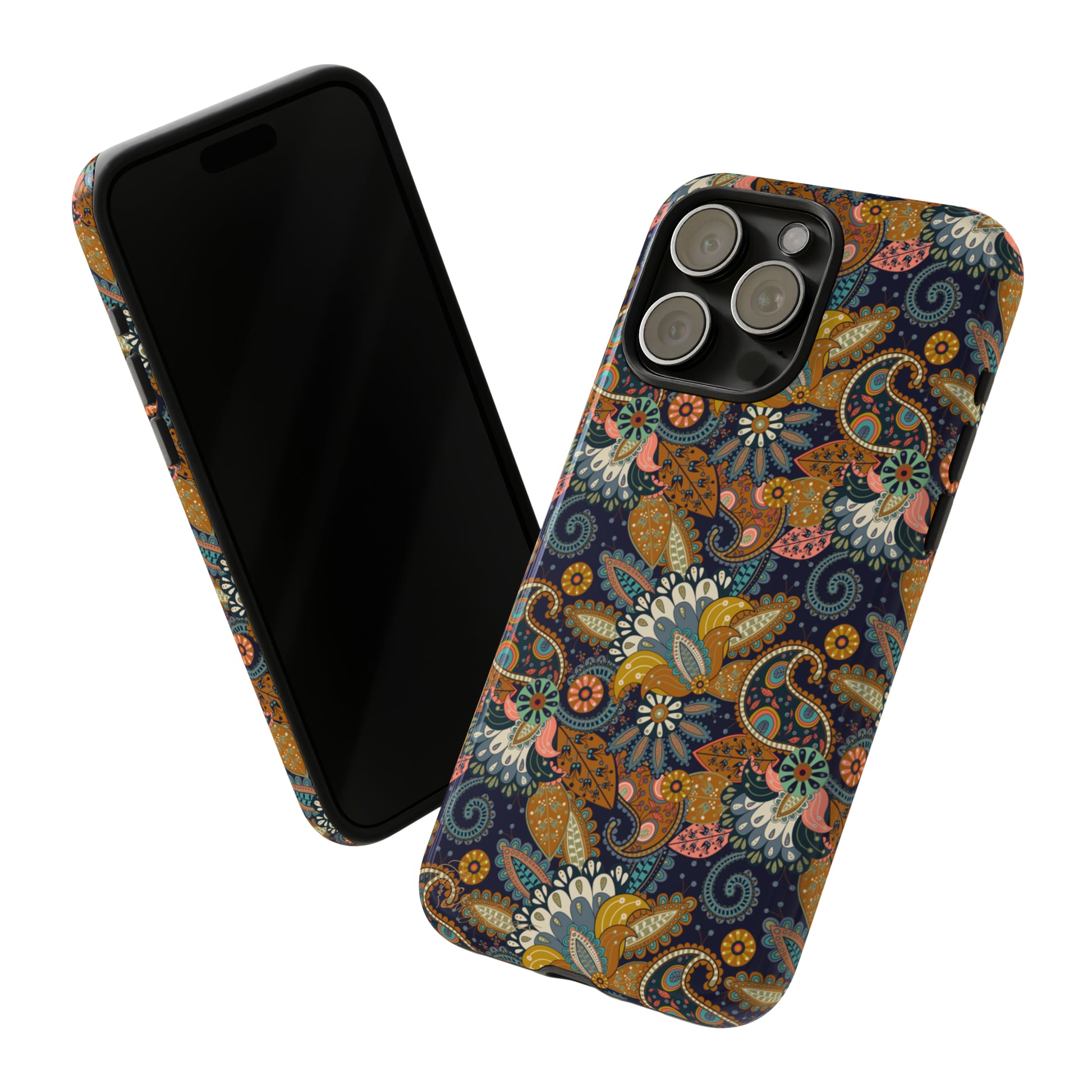 Paisley Bouquet iPhone Tough Protective Cover. A fusion of Flowers, Boho, and Paisley in a Western design. Compatible with iPhone 15, 14, 13, 12, 11, XS, XR Pro/Max/Mini/P/Plus. Embrace Bohemian Elegance with Style and Durability. #ElizaSinger #PhoneCase #BohoPaisley