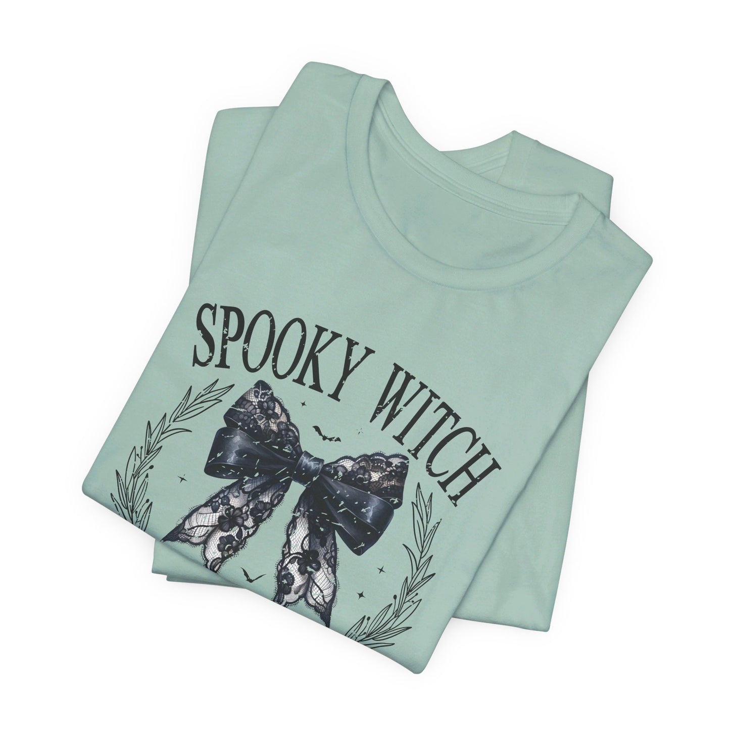 Spooky Witch: Halloween Bella Canvas T-shirt with Black Lace Bow